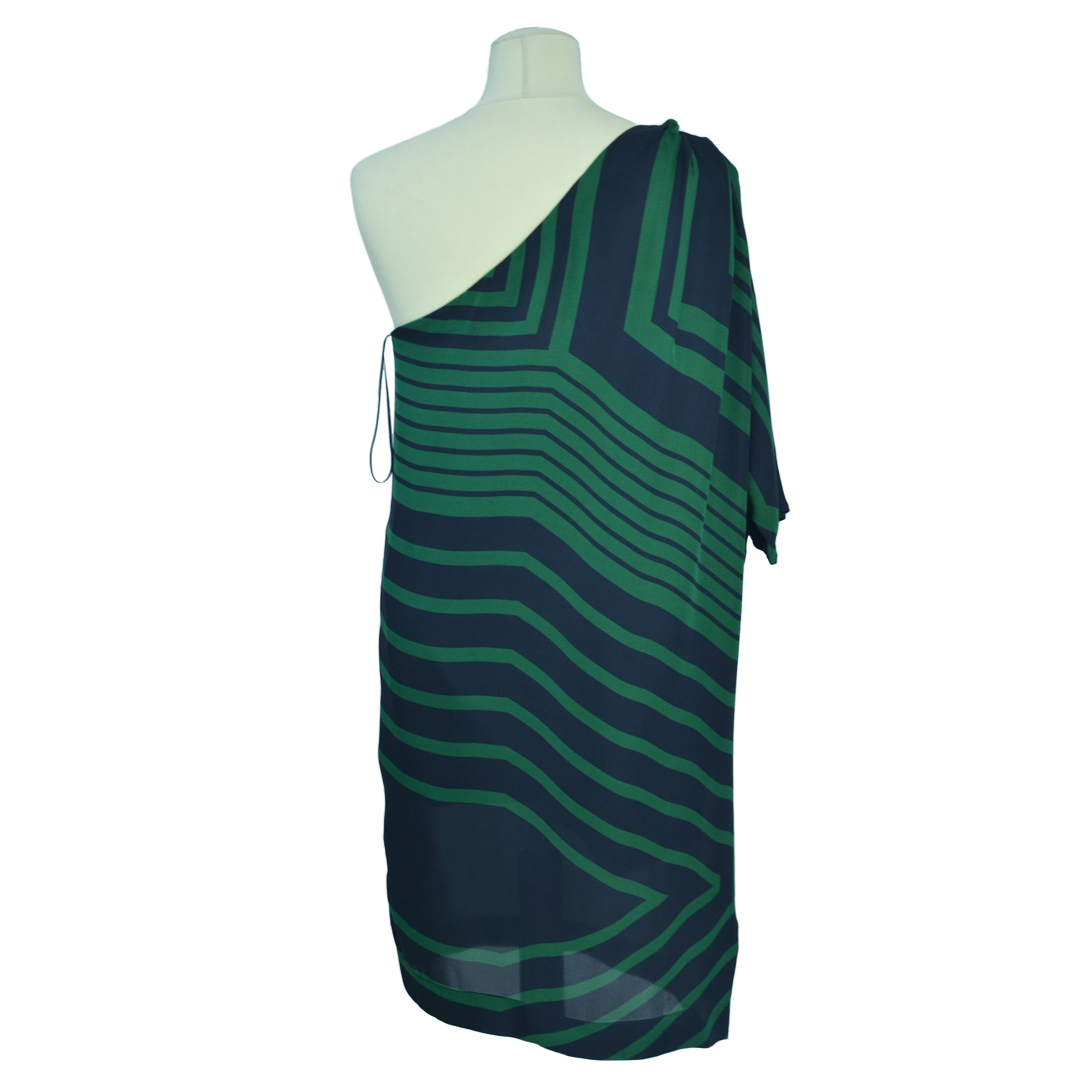 Green/Black Striped One Shoulder Short Casual Dress Clothing Stella McCartney