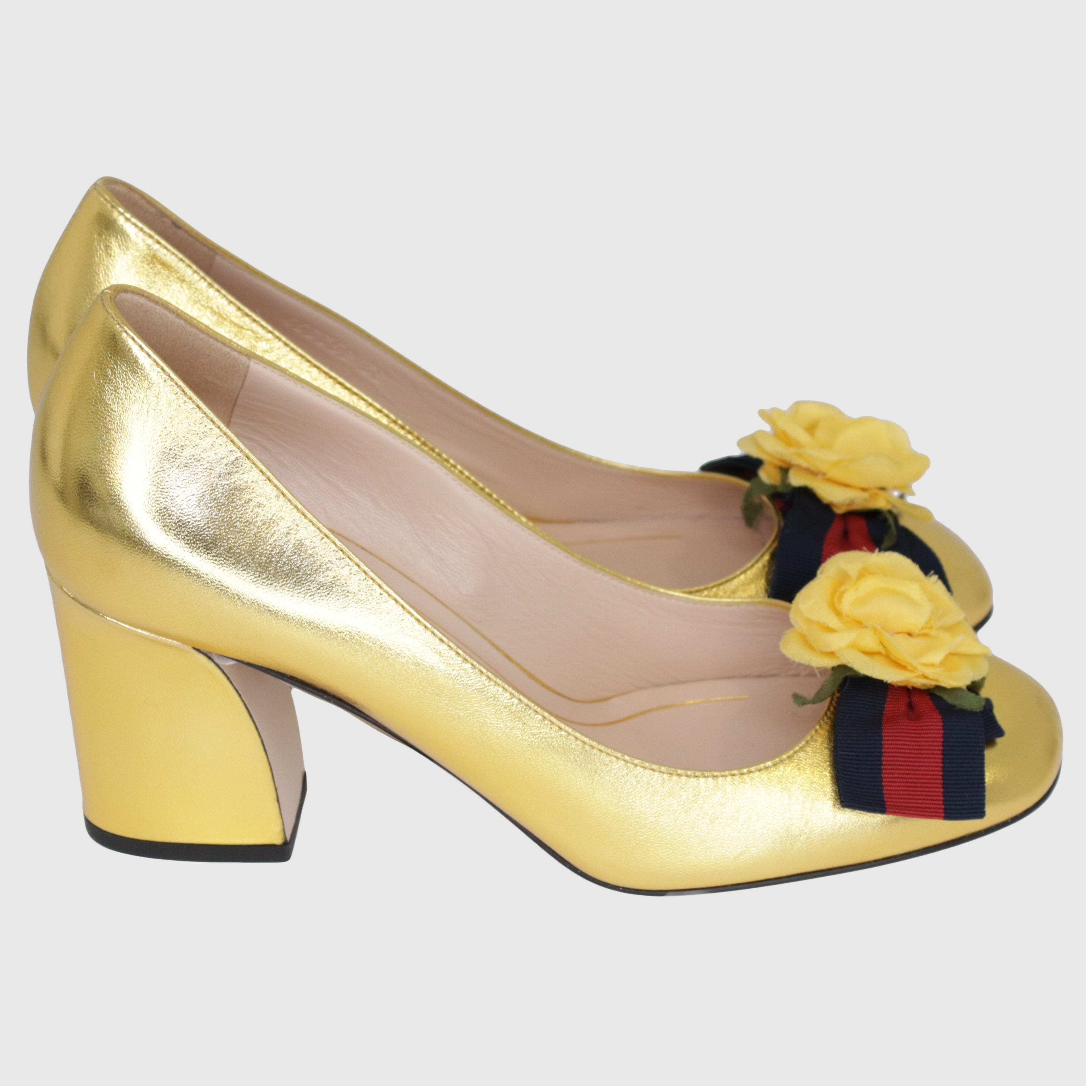 Metallic Gold Web Bow Rose Pumps Shoes Gucci