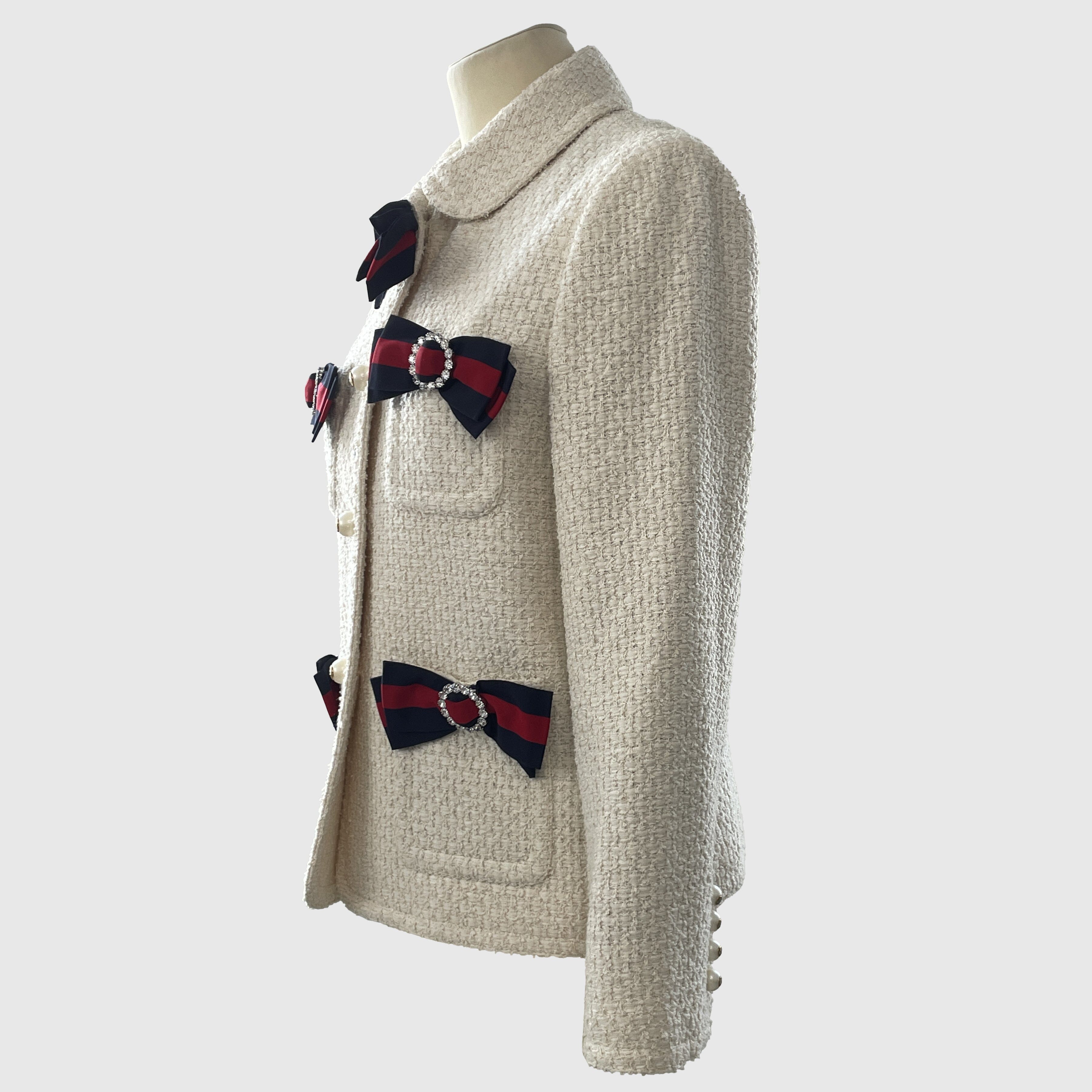 Cream/Multicolor Bow Detail Tweed Cropped Jacket Clothing Gucci 