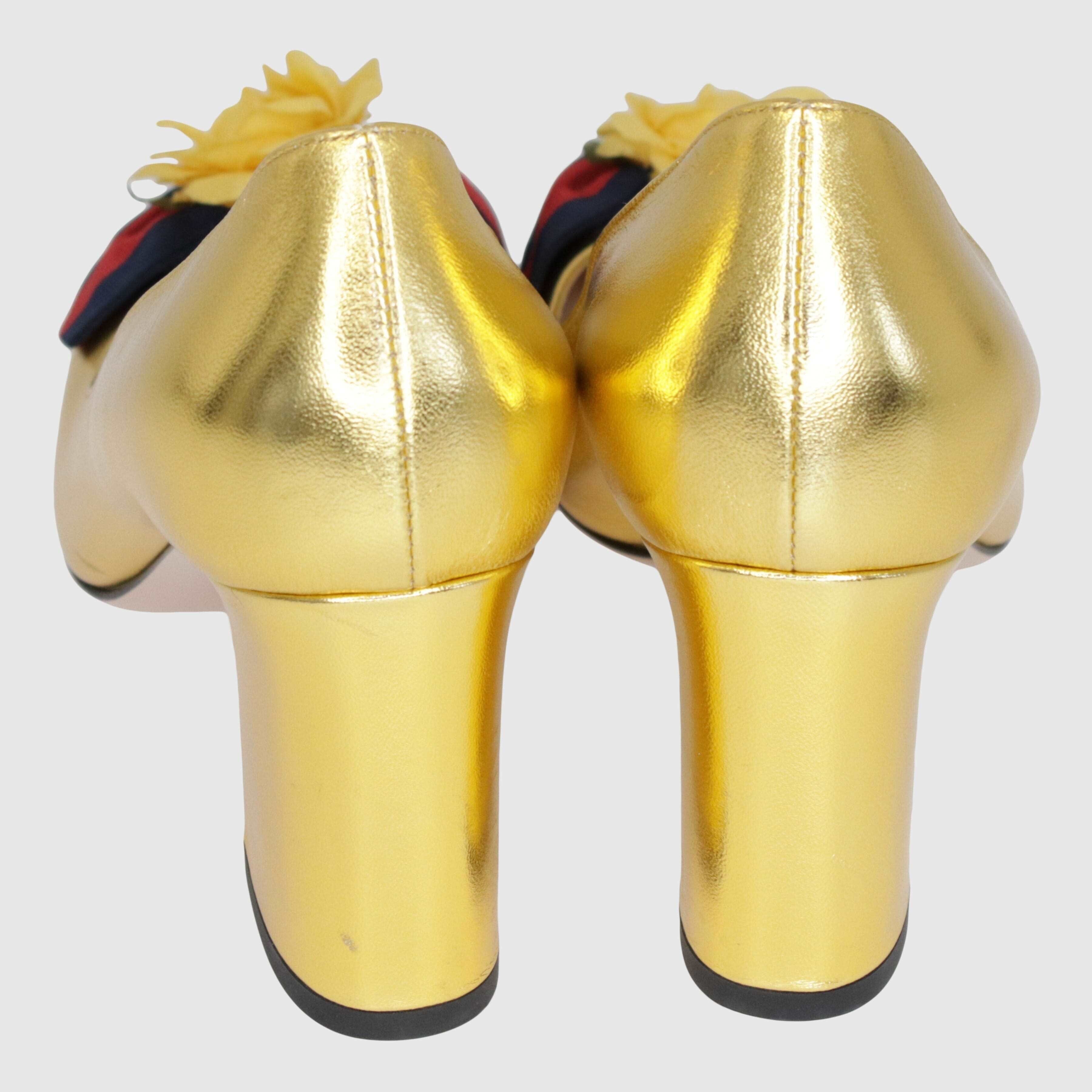 Metallic Gold Web Bow Rose Pumps Shoes Gucci