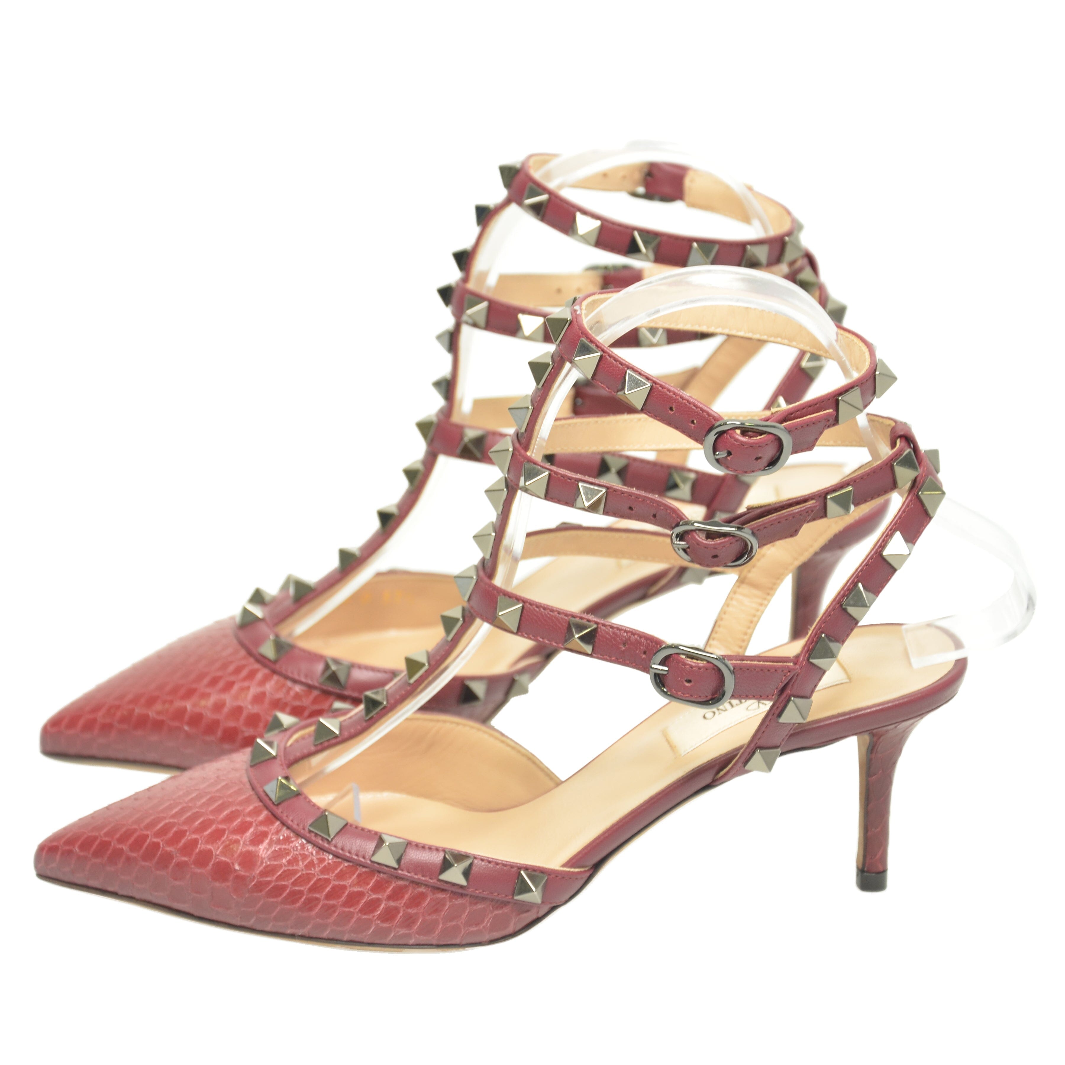 Burgundy Rockstud Pointed Toe Ankle Strap Sandals Shoes Valentino