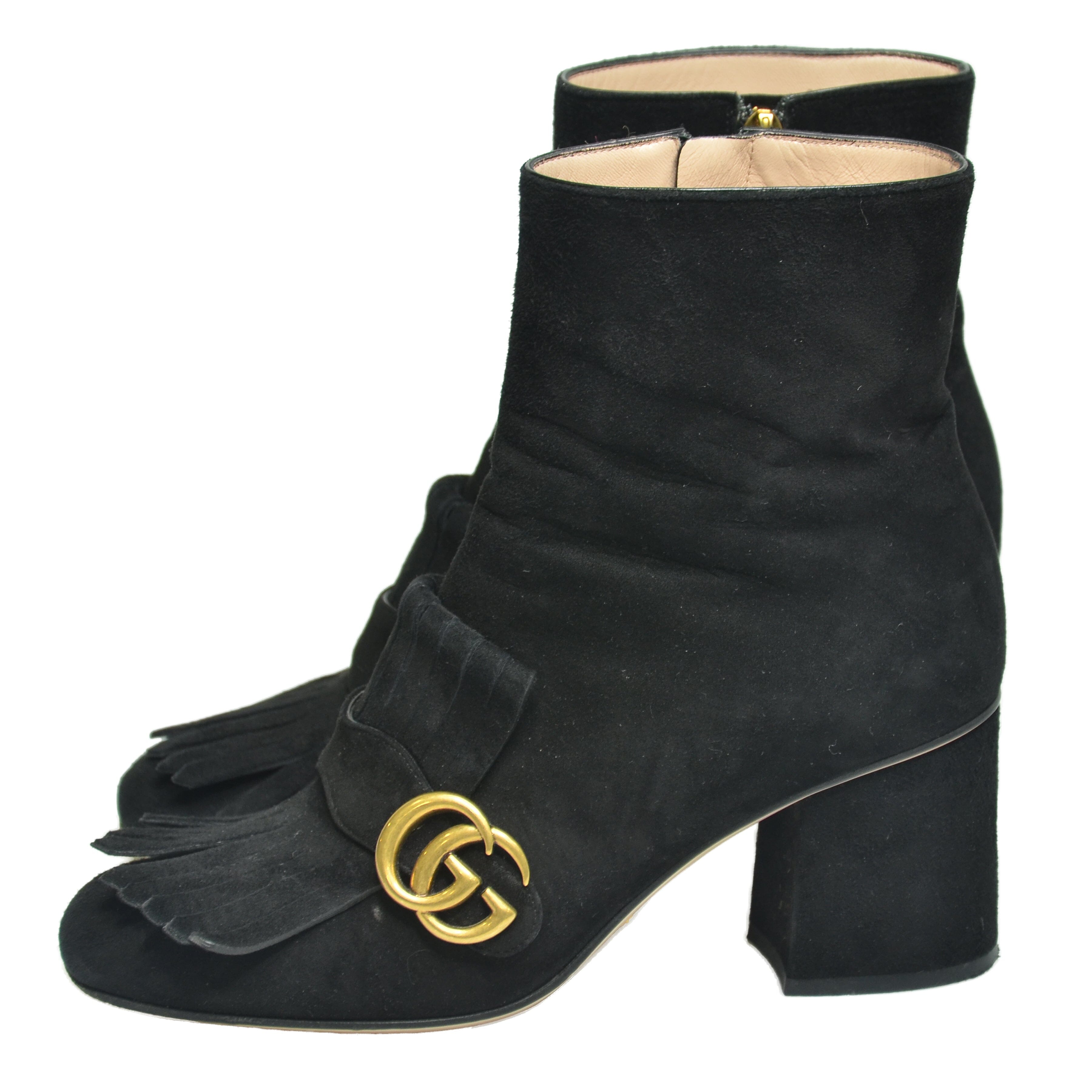 Black GG Marmont Fringe Detail Ankle Boots Shoes Gucci