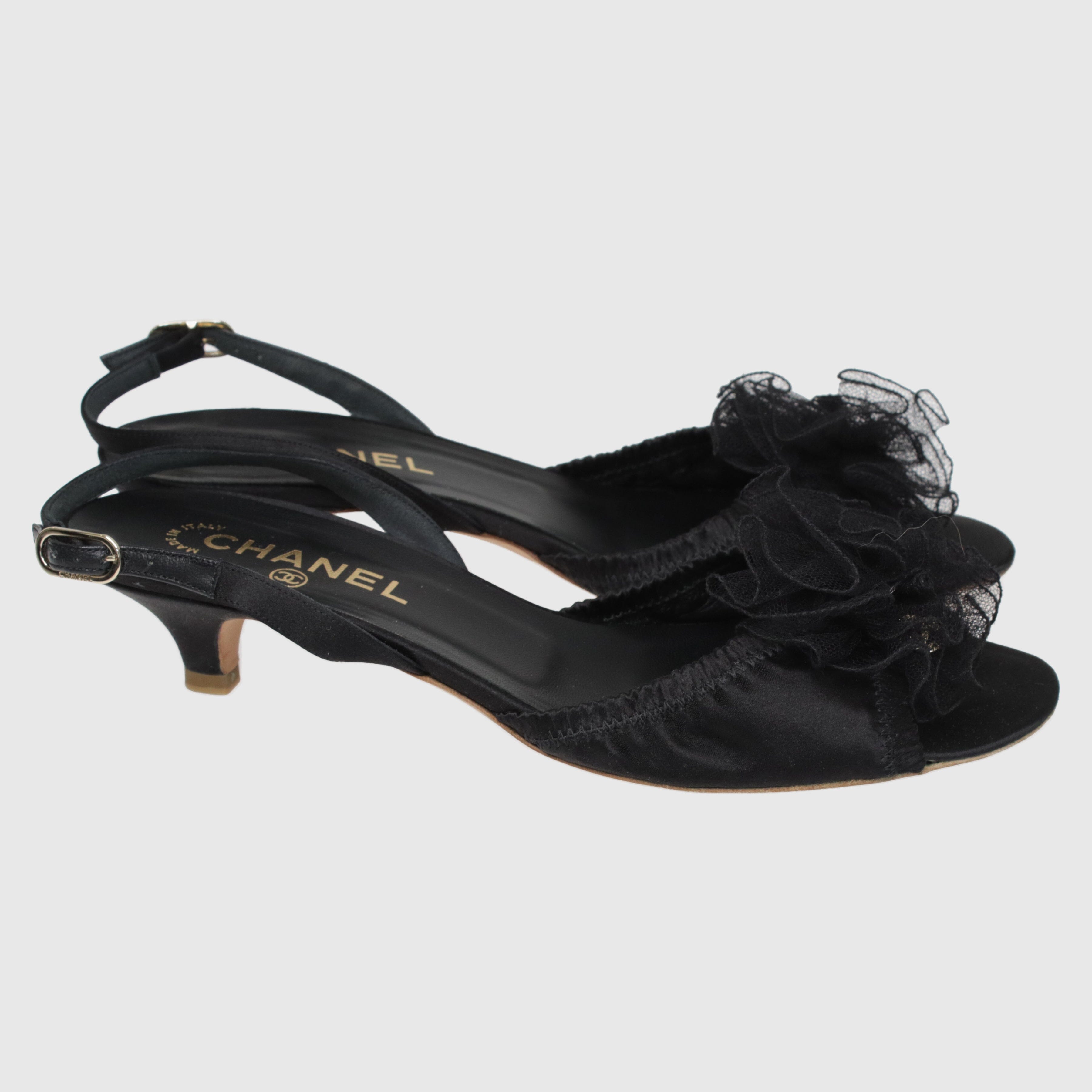 Black Camellia Lace Kitten Heel Slingback Sandal Shoes Chanel