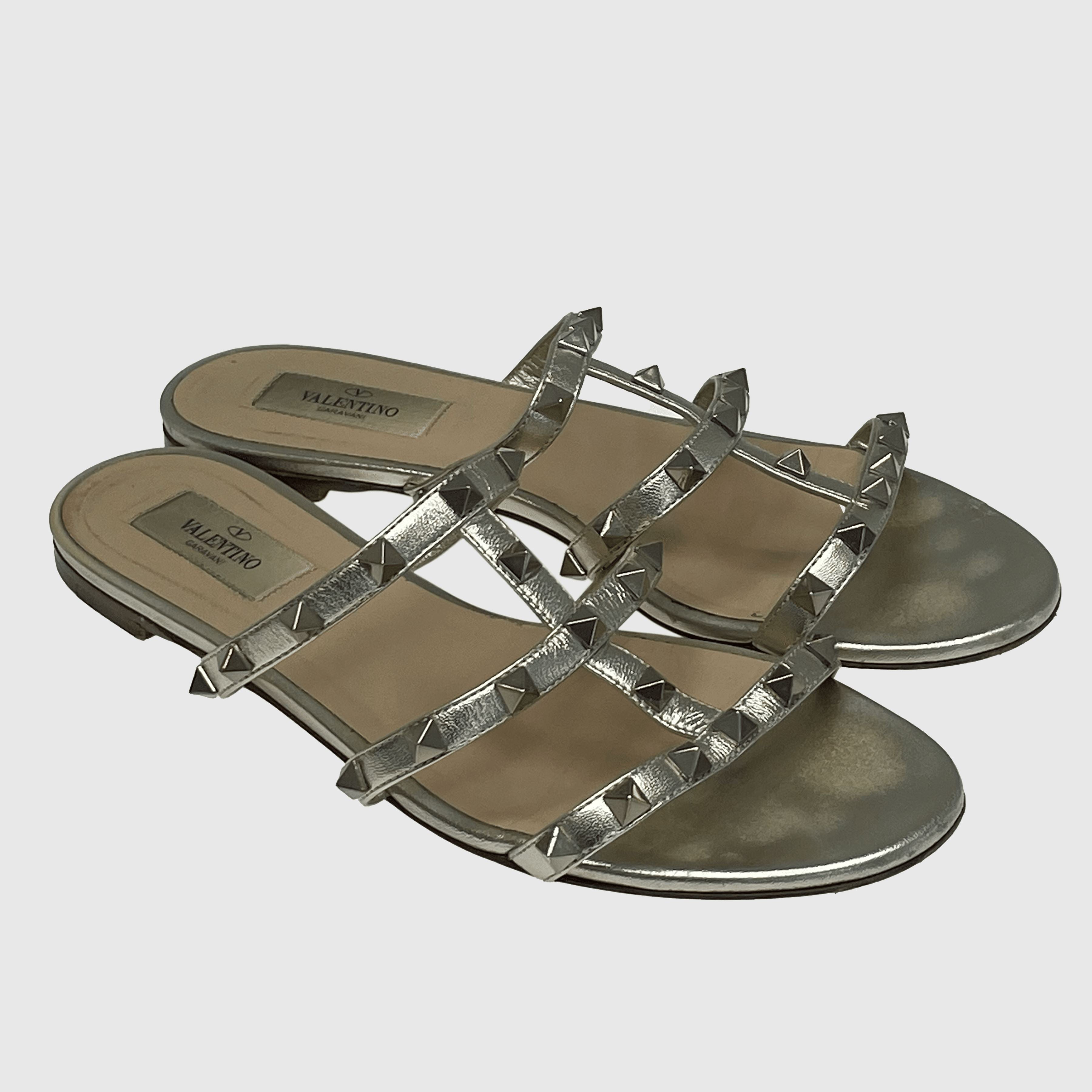 Silver Rockstud Slide Flat Sandals