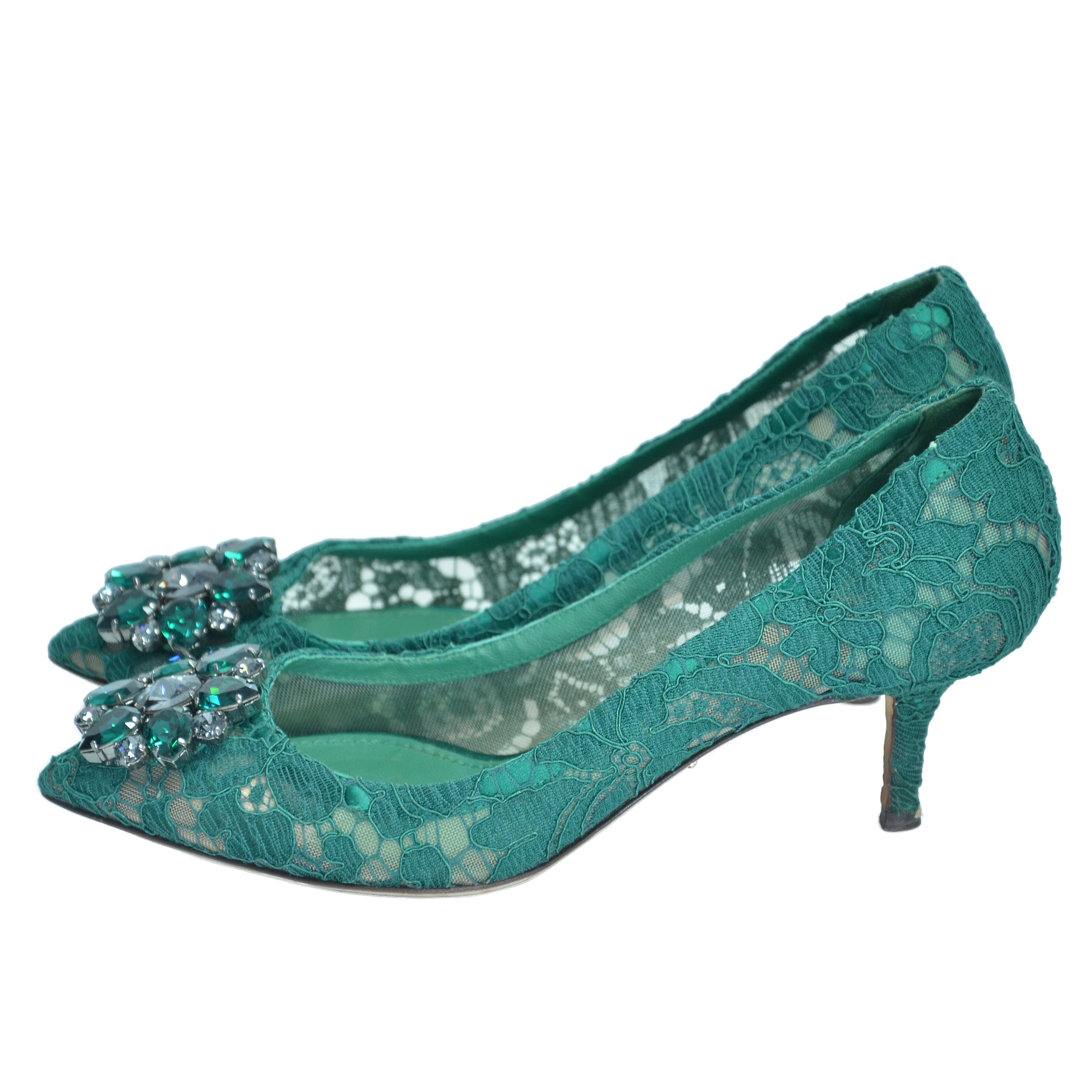 Green Lace Bellucci Crystal Embellished Pumps Shoes Dolce & Gabbana