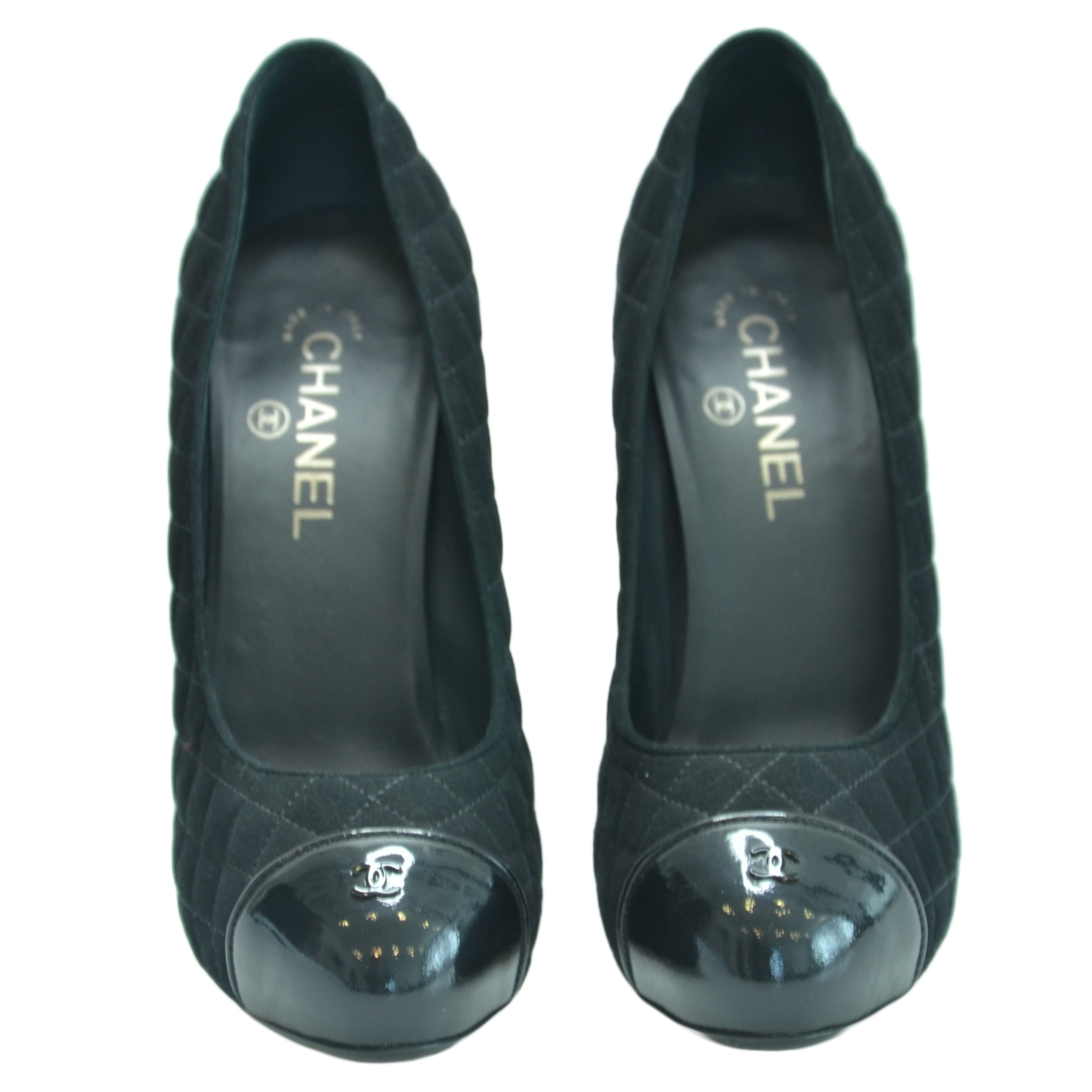 Black CC Cap-Toe Quilted Platform Pumps Shoes Chanel 