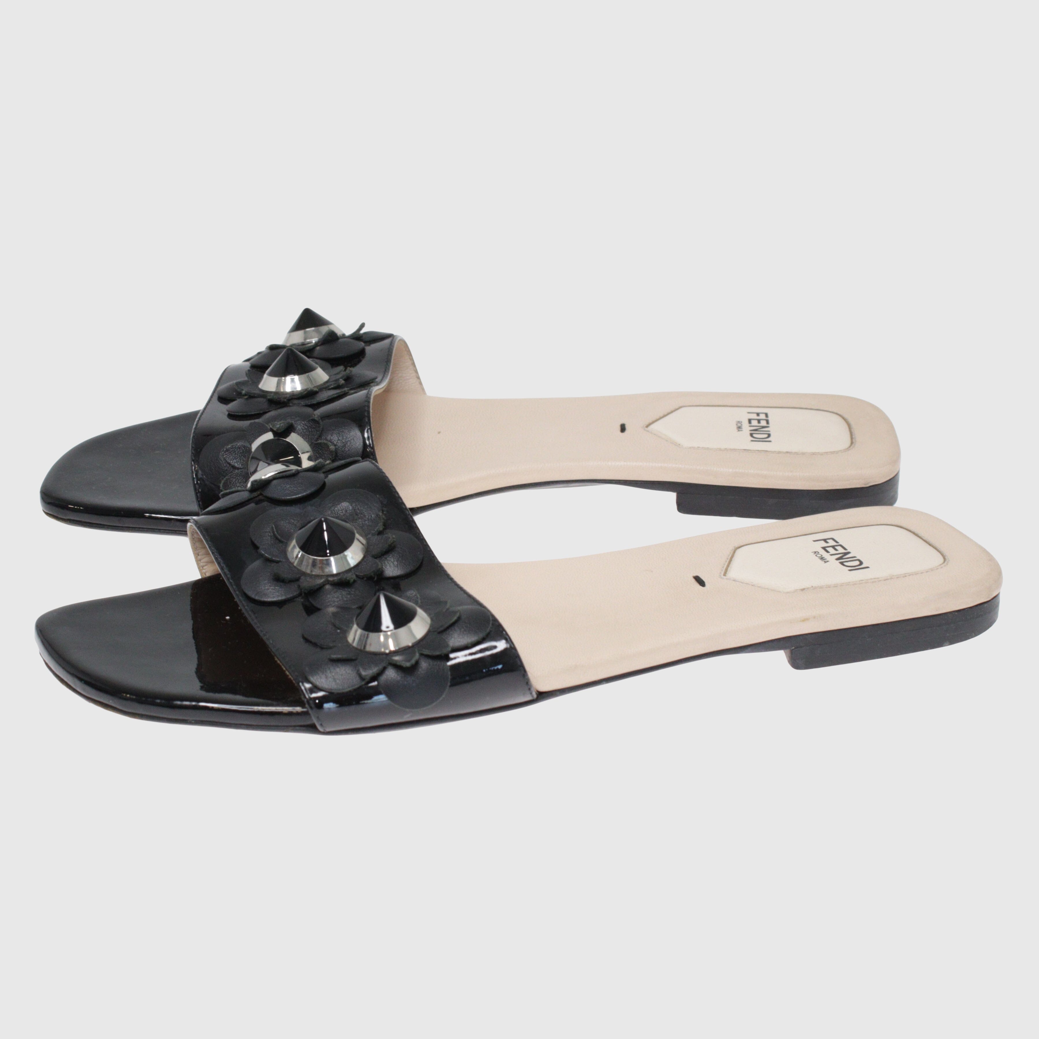 Black Flowerland Flat Slides Shoes Fendi