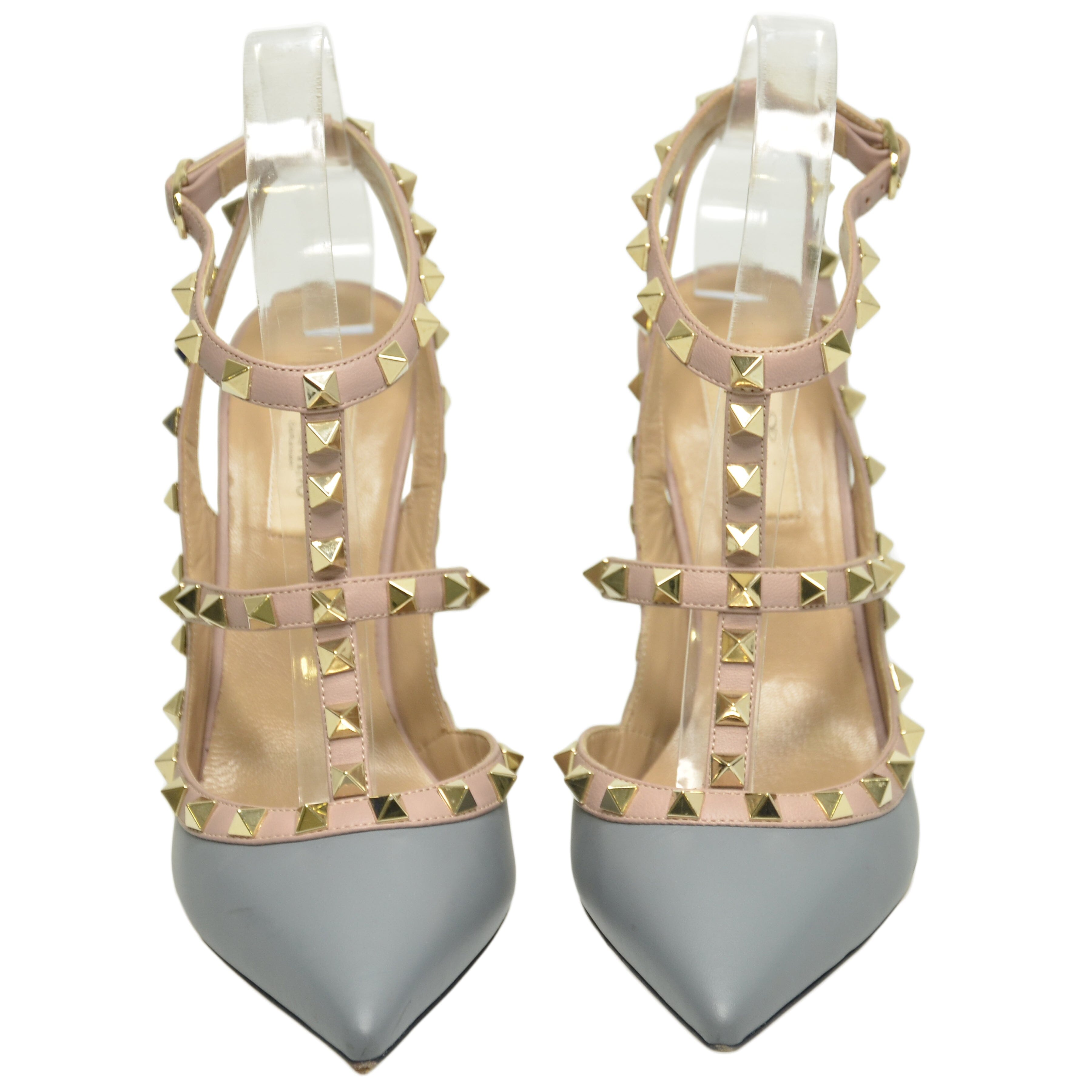 Light Grey Rockstud Pointed Toe Ankle Strap Pumps Shoes Valentino