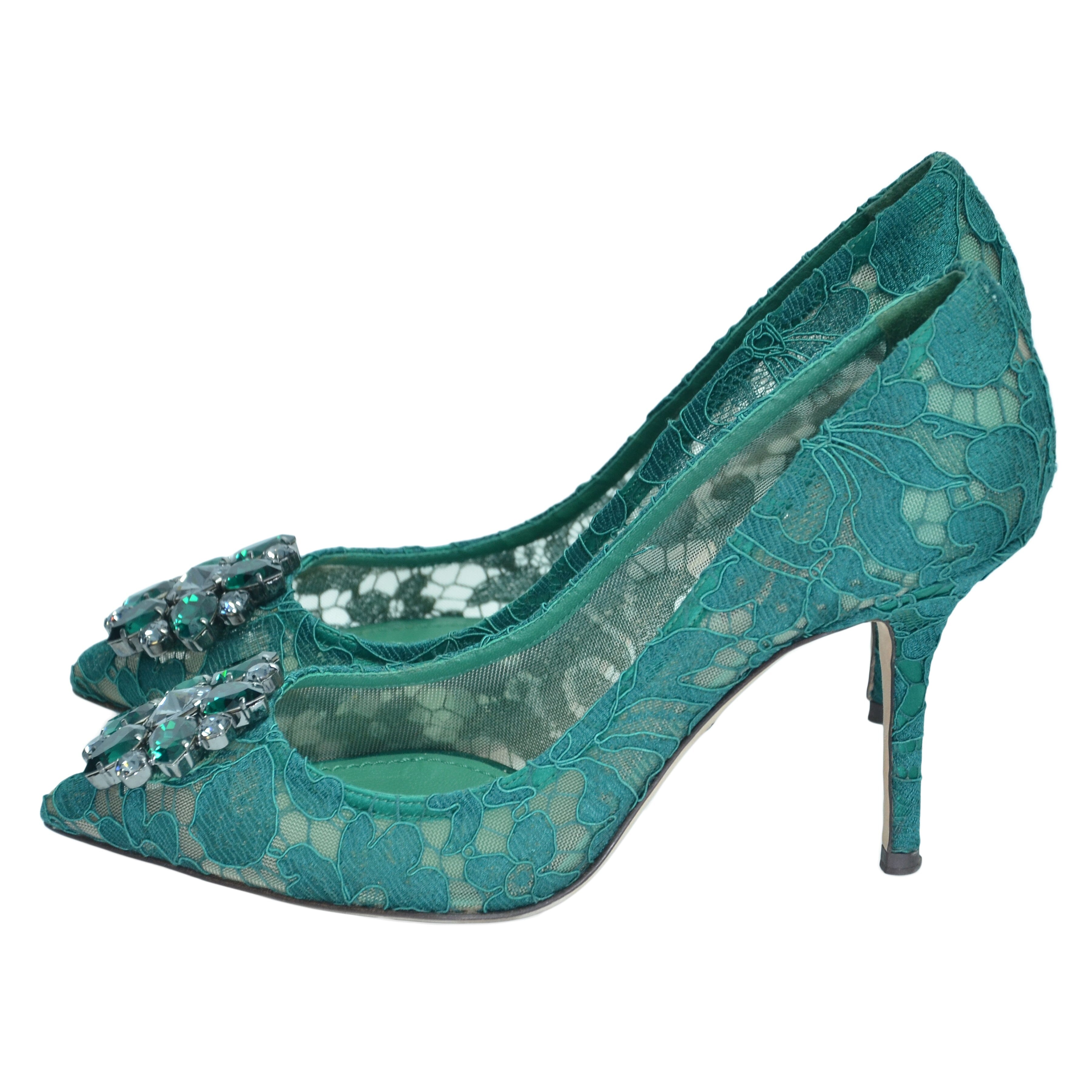 Green Lace Bellucci 90 Crystal Embellished Pumps Shoes Dolce & Gabbana 