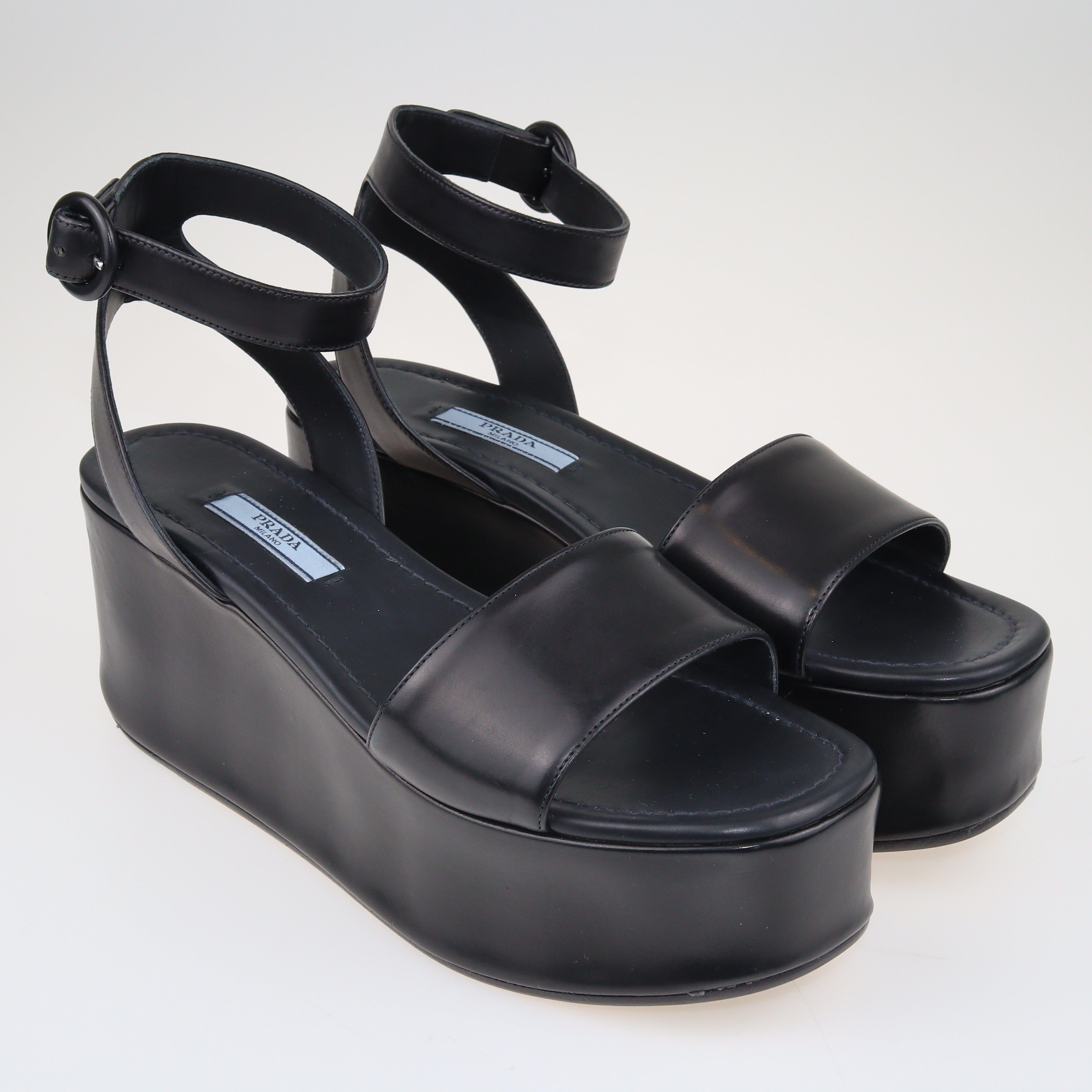Black Nero Platform Ankle Strap Sandals Shoes Prada 