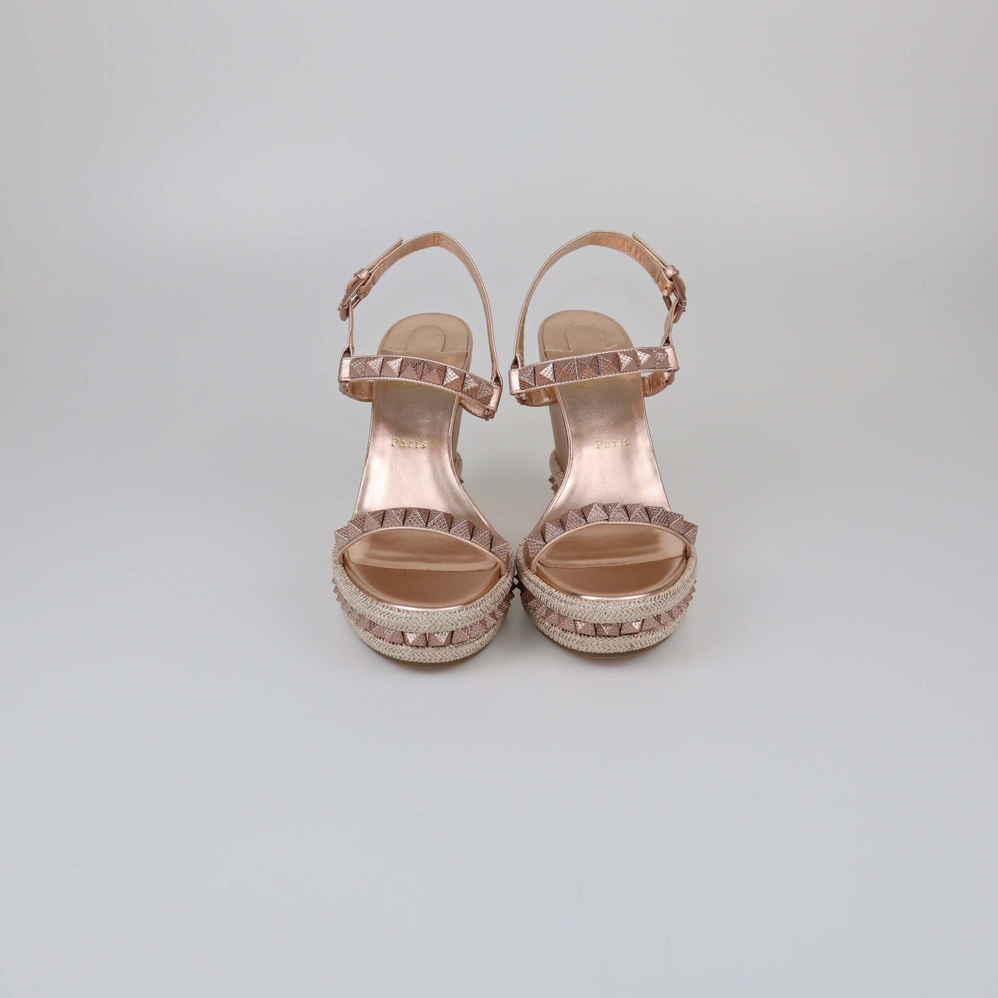 Christian Louboutin Rose Gold Studded Pyraclou Wedge Sandals Womens Christian Louboutin 