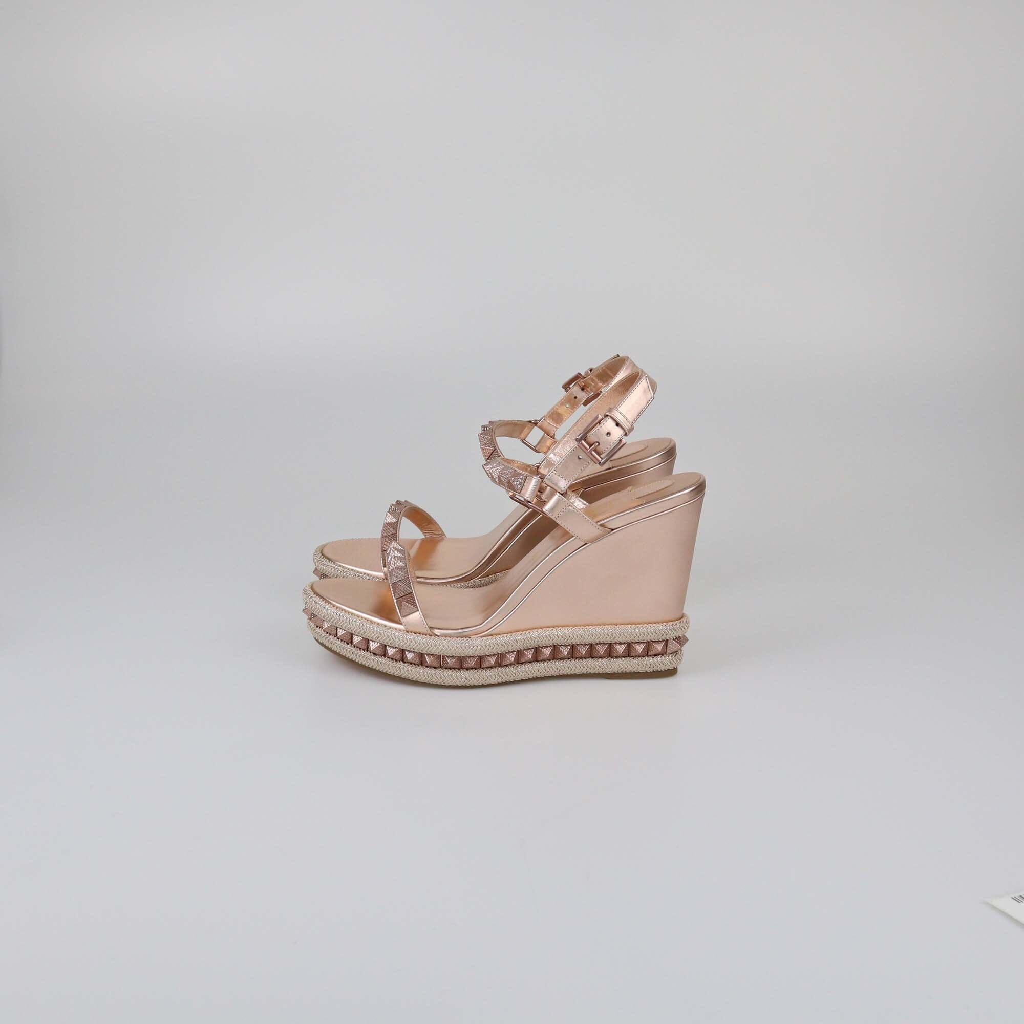 Christian Louboutin Rose Gold Studded Pyraclou Wedge Sandals Womens Christian Louboutin 