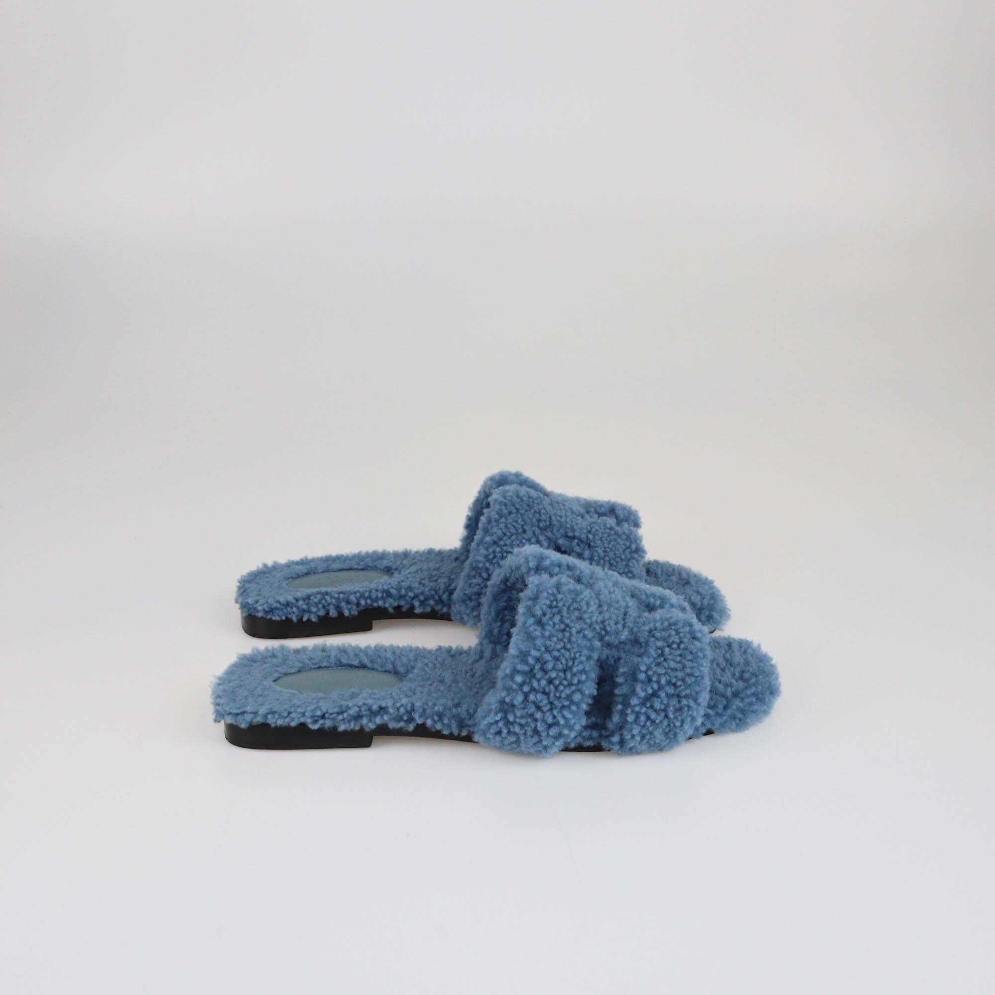 Hermes Blue Shearling Oran Flat Slides Womens Hermes 