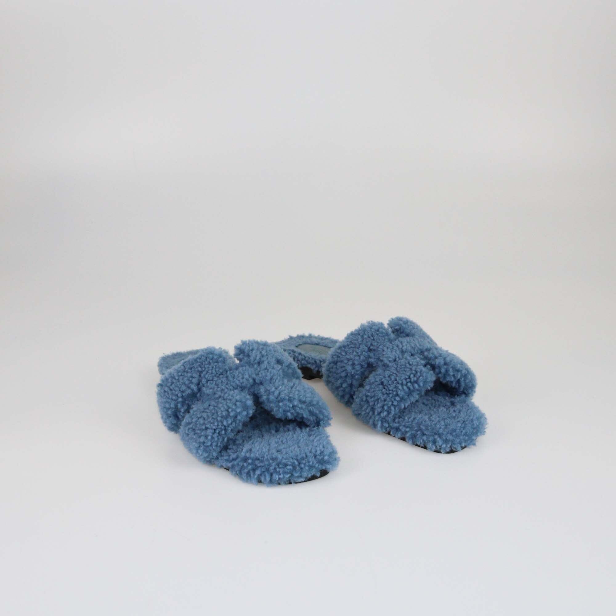 Hermes Blue Shearling Oran Flat Slides Womens Hermes 