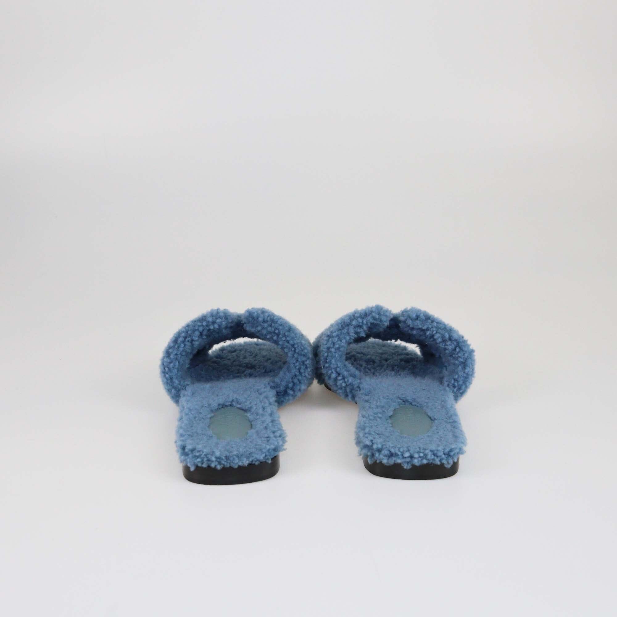 Hermes Blue Shearling Oran Flat Slides Womens Hermes 