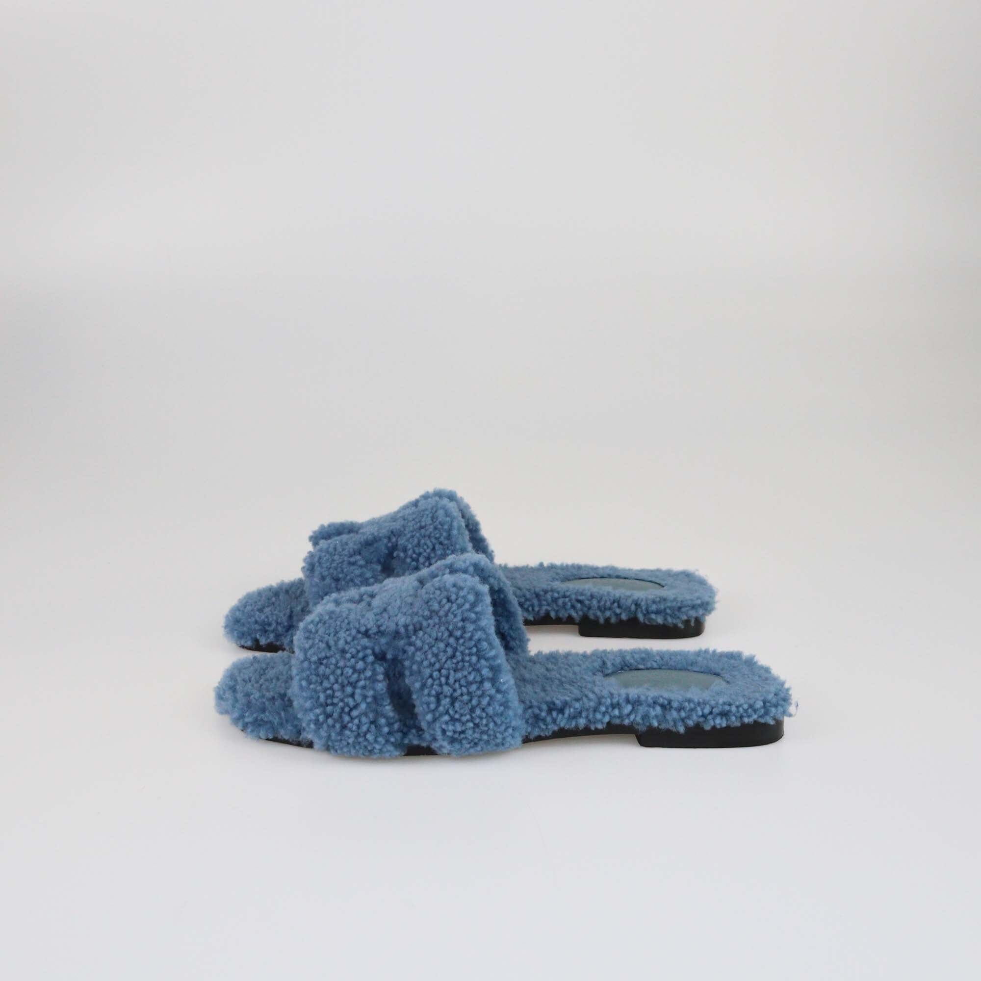 Hermes Blue Shearling Oran Flat Slides Womens Hermes 