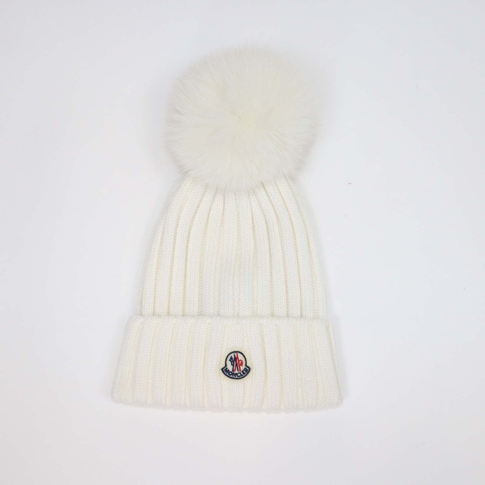 Moncler White Wool and Fur Pom Pom Ribbed Knit Beanie
