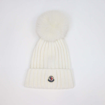 Moncler White Wool and Fur Pom Pom Ribbed Knit Beanie