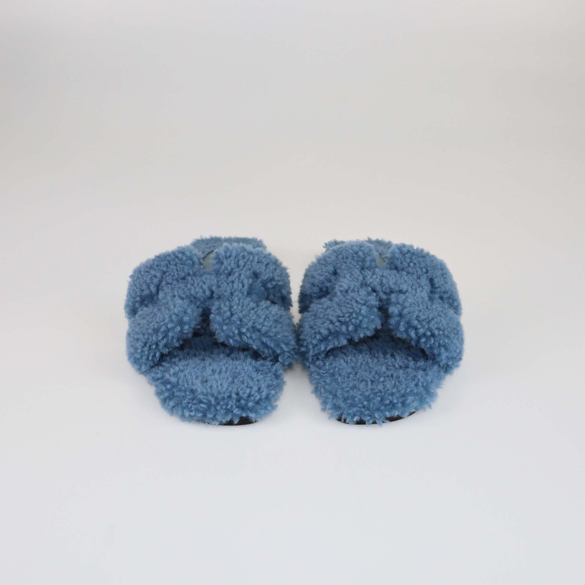 Hermes Blue Shearling Oran Flat Slides Womens Hermes 