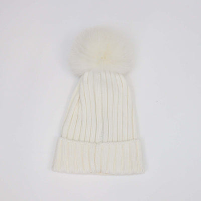 Moncler White Wool and Fur Pom Pom Ribbed Knit Beanie