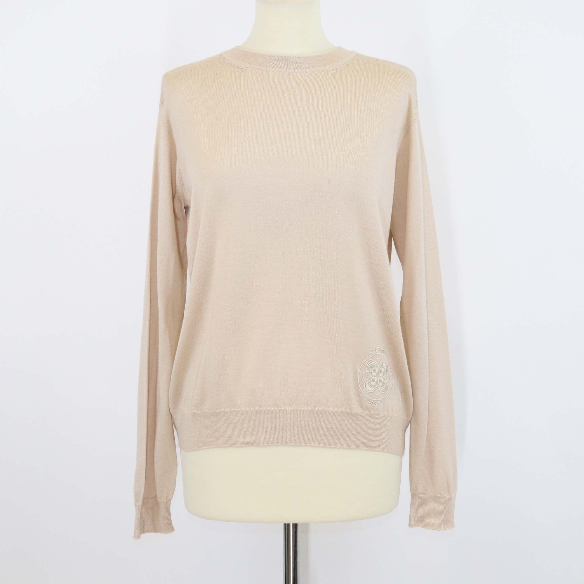 Hermes Beige Cashmere Silk Blend Logo Embroidered Long Sleeve Sweater