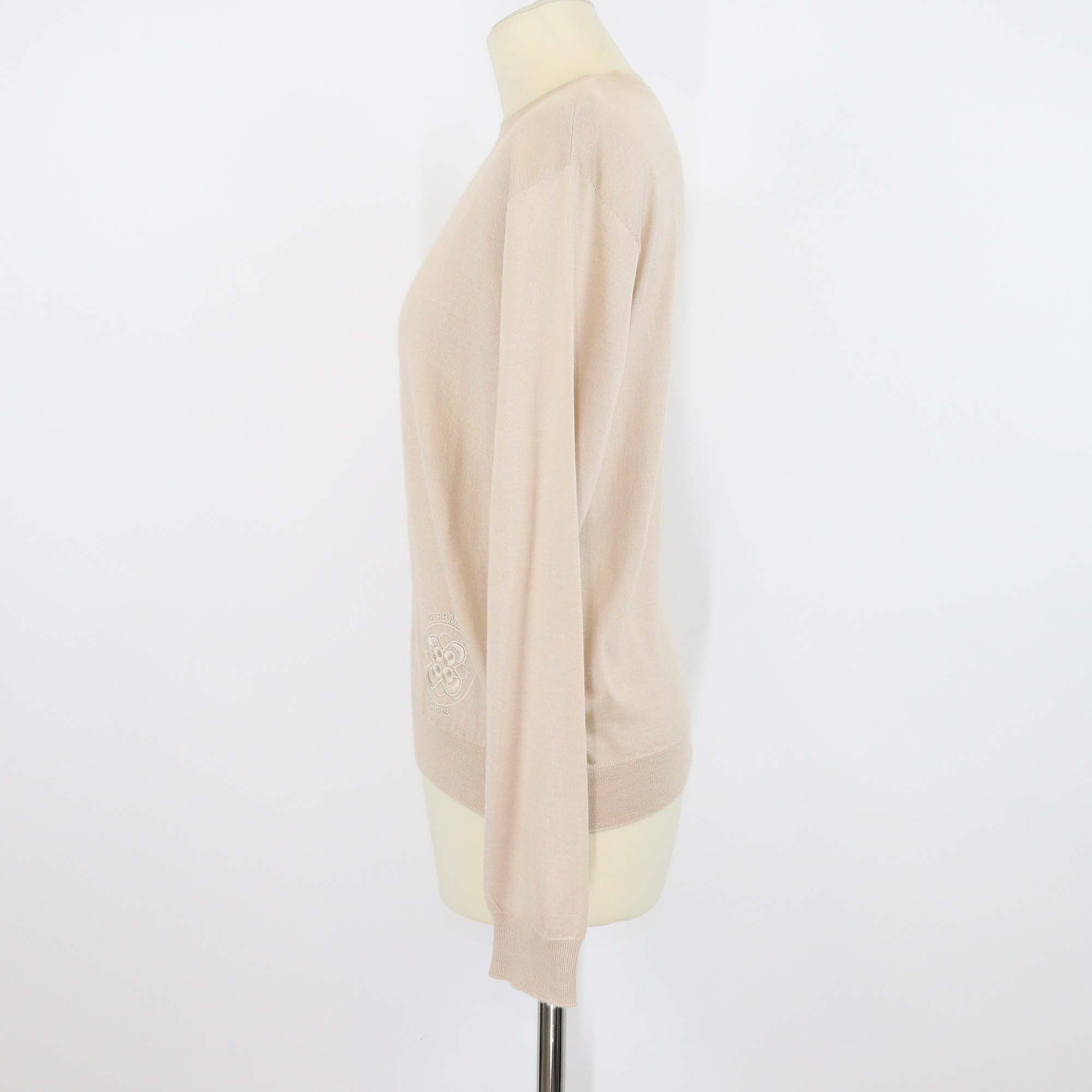 Hermes Beige Cashmere Silk Blend Logo Embroidered Long Sleeve Sweater