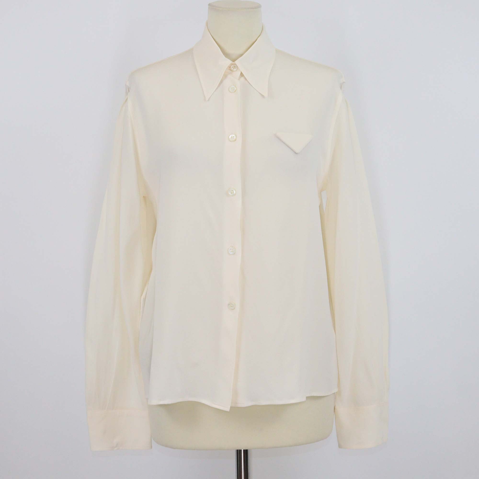 Prada Cream Silk Triangle Detail Long Sleeve Shirt