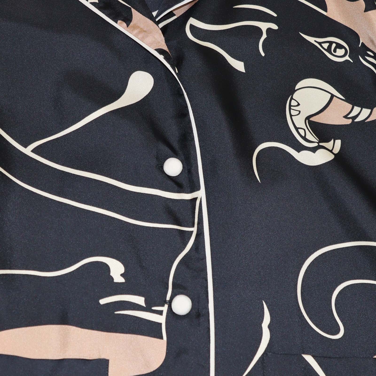 Valentino Black Silk Panther Print Button Front Pajama Shirt and Pants Set