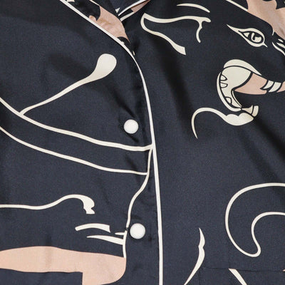 Valentino Black Silk Panther Print Button Front Pajama Shirt and Pants Set