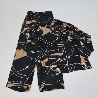 Valentino Black Silk Panther Print Button Front Pajama Shirt and Pants Set