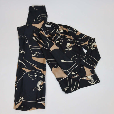 Valentino Black Silk Panther Print Button Front Pajama Shirt and Pants Set