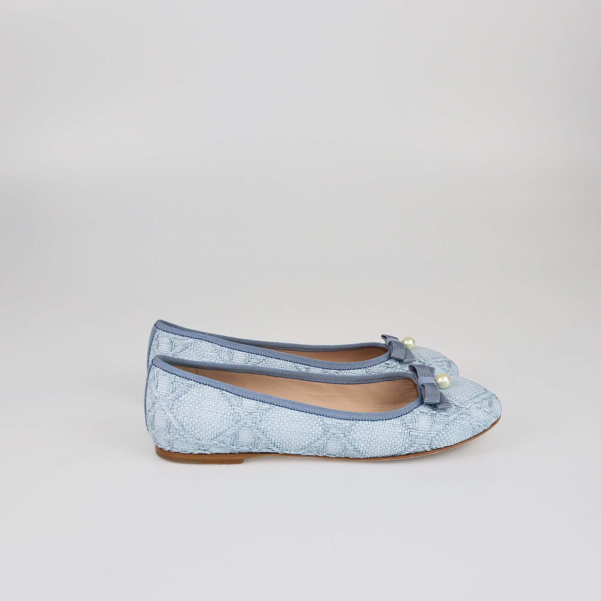 Christian Dior Pastel Blue Cannage Ballet Faux Pearl Accents Flats Womens Christian Dior 