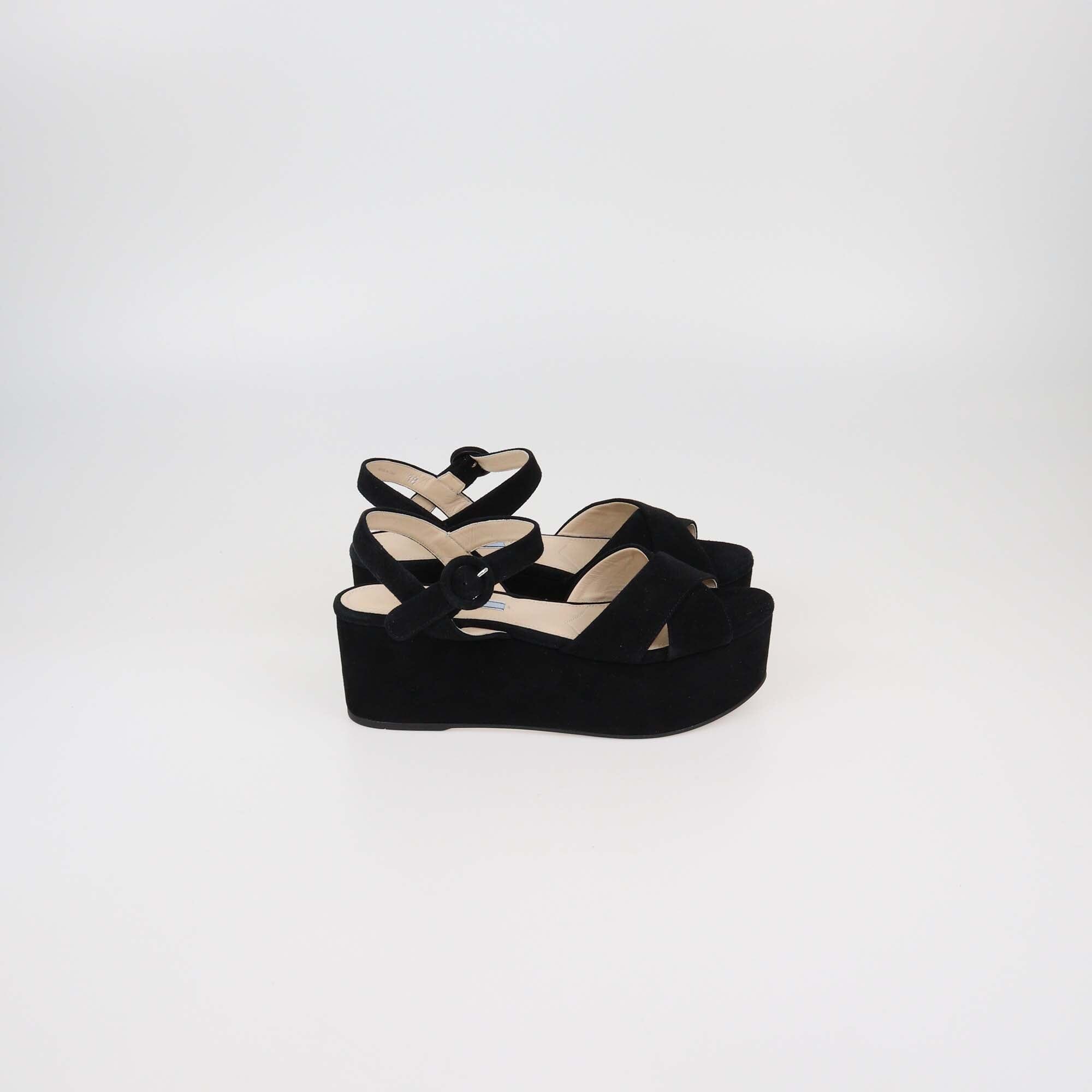Prada Black Suede Criss Cross Platform Ankle Strap Sandals Womens Prada 