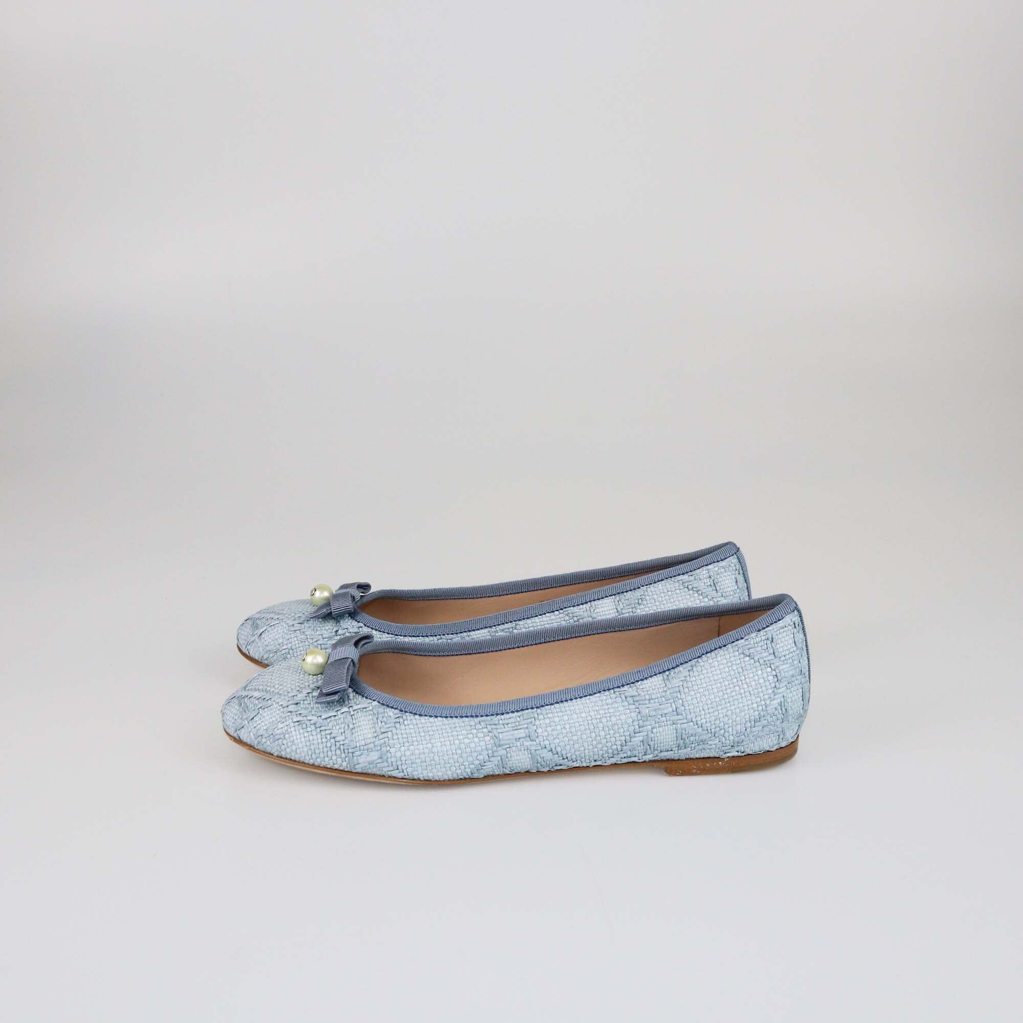 Christian Dior Pastel Blue Cannage Ballet Faux Pearl Accents Flats Womens Christian Dior 