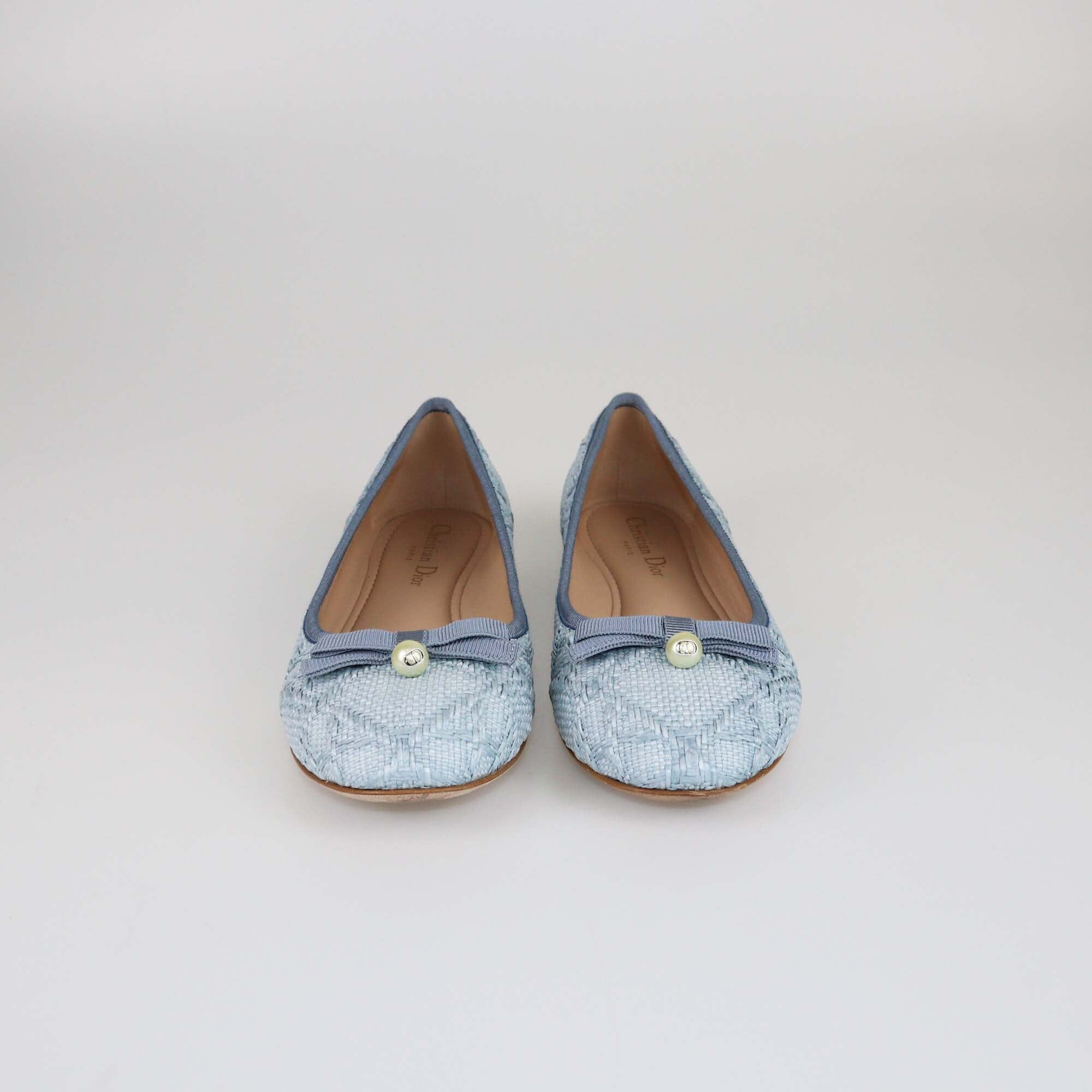 Christian Dior Pastel Blue Cannage Ballet Faux Pearl Accents Flats Womens Christian Dior 