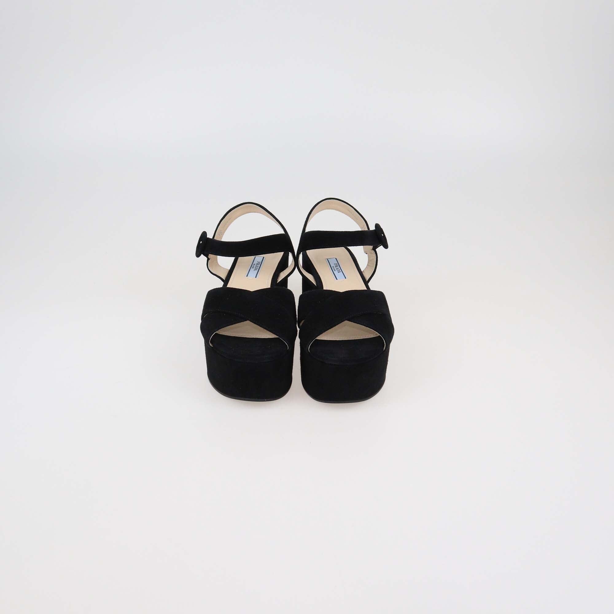 Prada Black Suede Criss Cross Platform Ankle Strap Sandals Womens Prada 