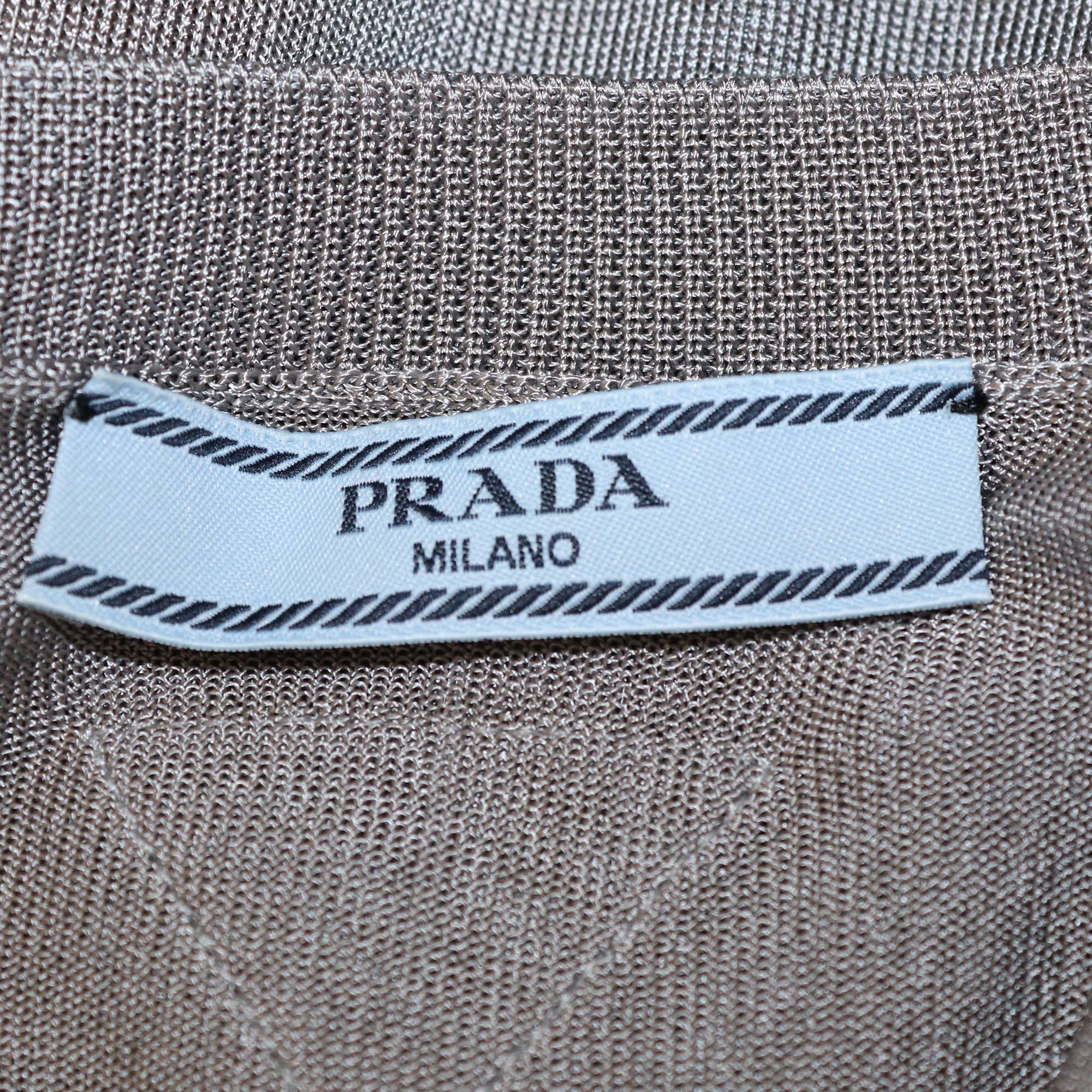 Prada Dark Grey Viscose Ribbed Knit Short Sleeve Top & Long Sleeve Cardigan Set