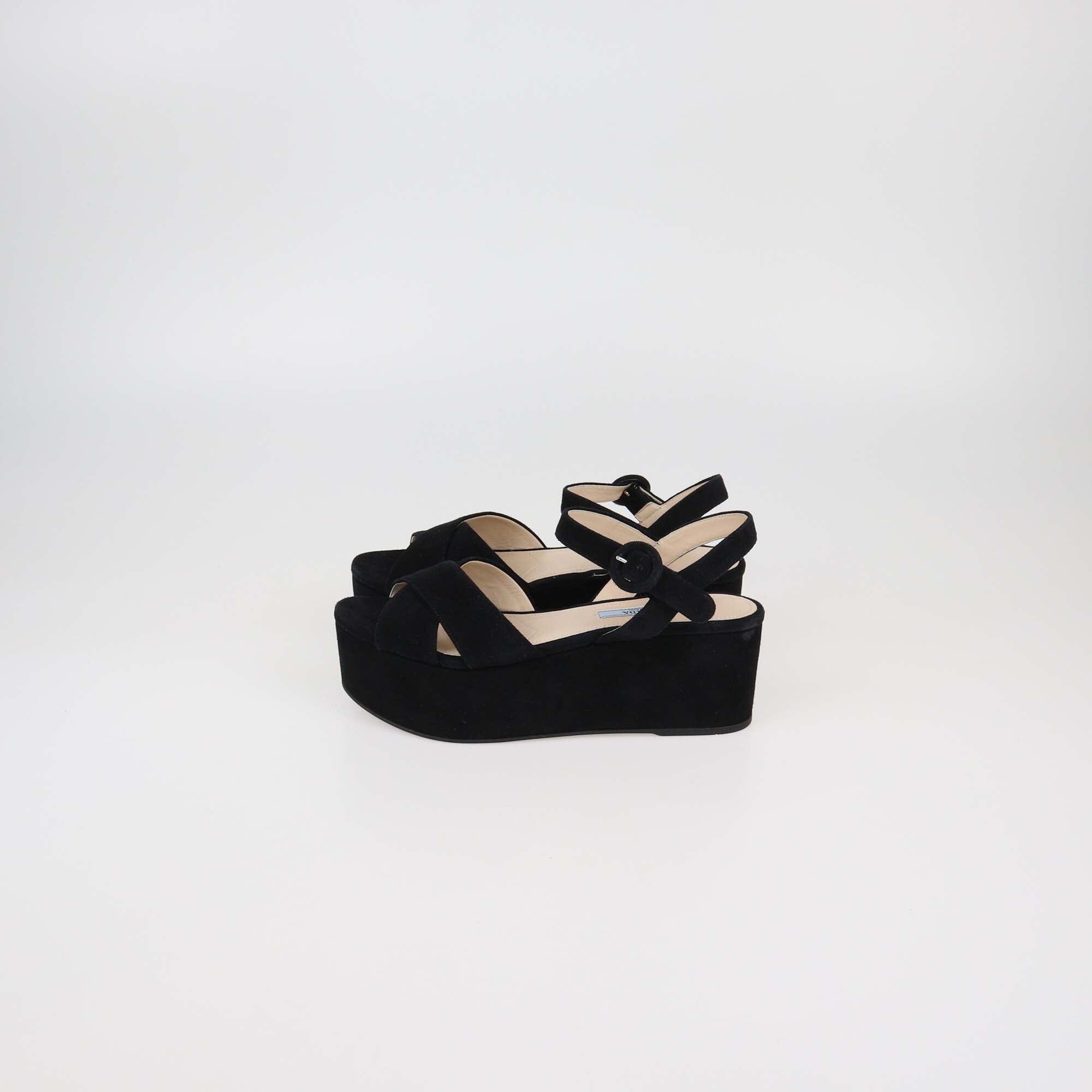 Prada Black Suede Criss Cross Platform Ankle Strap Sandals Womens Prada 