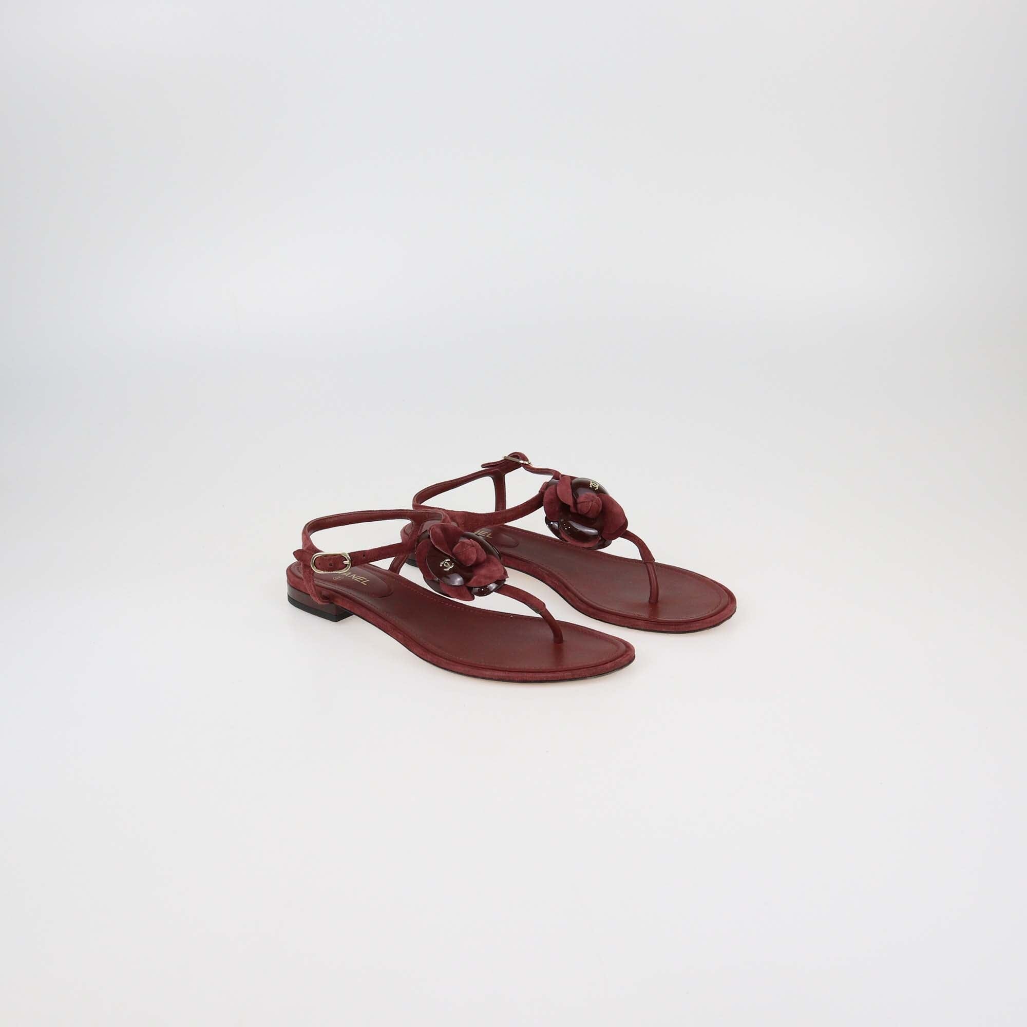 Chanel Burgundy Suede Leather CC Camellia Flat Thong Sandals Womens Chanel 