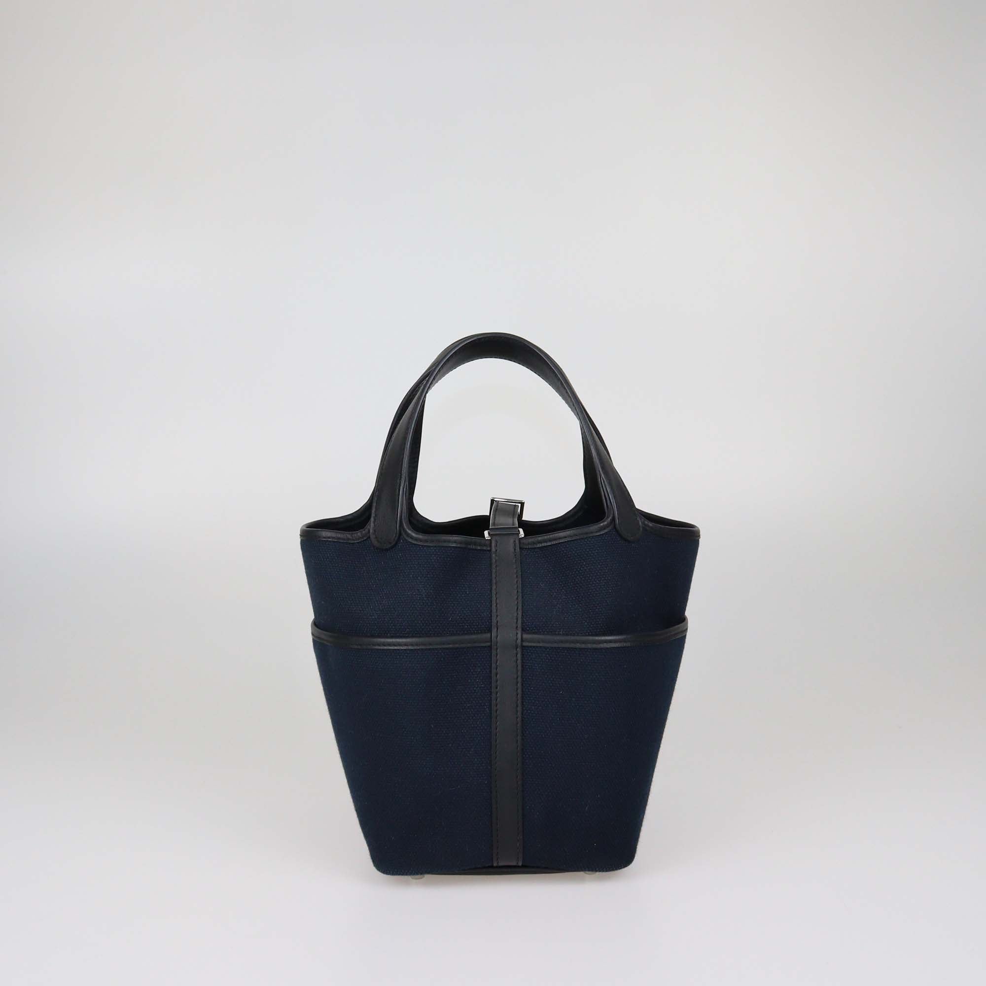 Hermes Black/Blue Marine Toile Goeland and Swift Leather Pockets Picotin Lock 18 Bag
