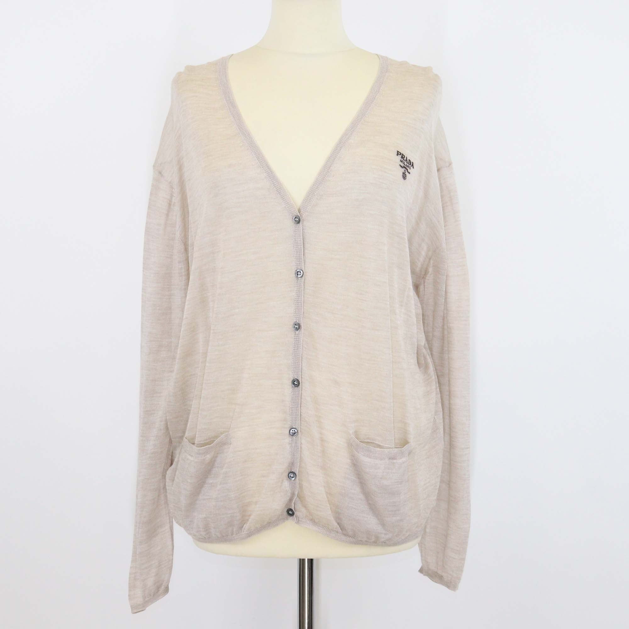 Prada Beige Wool Silk Blend Ribbed Knit Logo Embroidered Cardigan