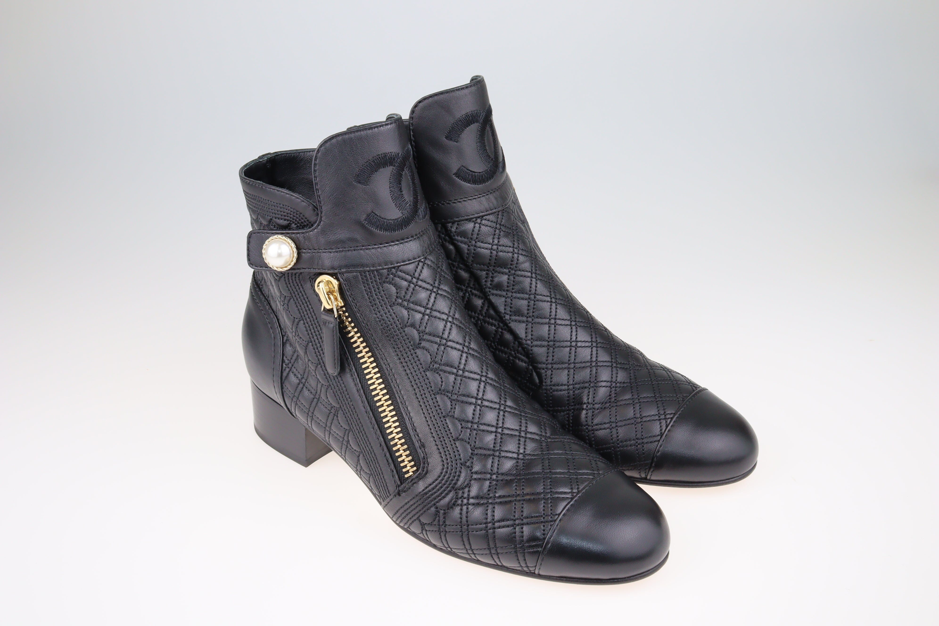 Black Quilted Pearl Embellished Ankle Boots Shoes Chanel 