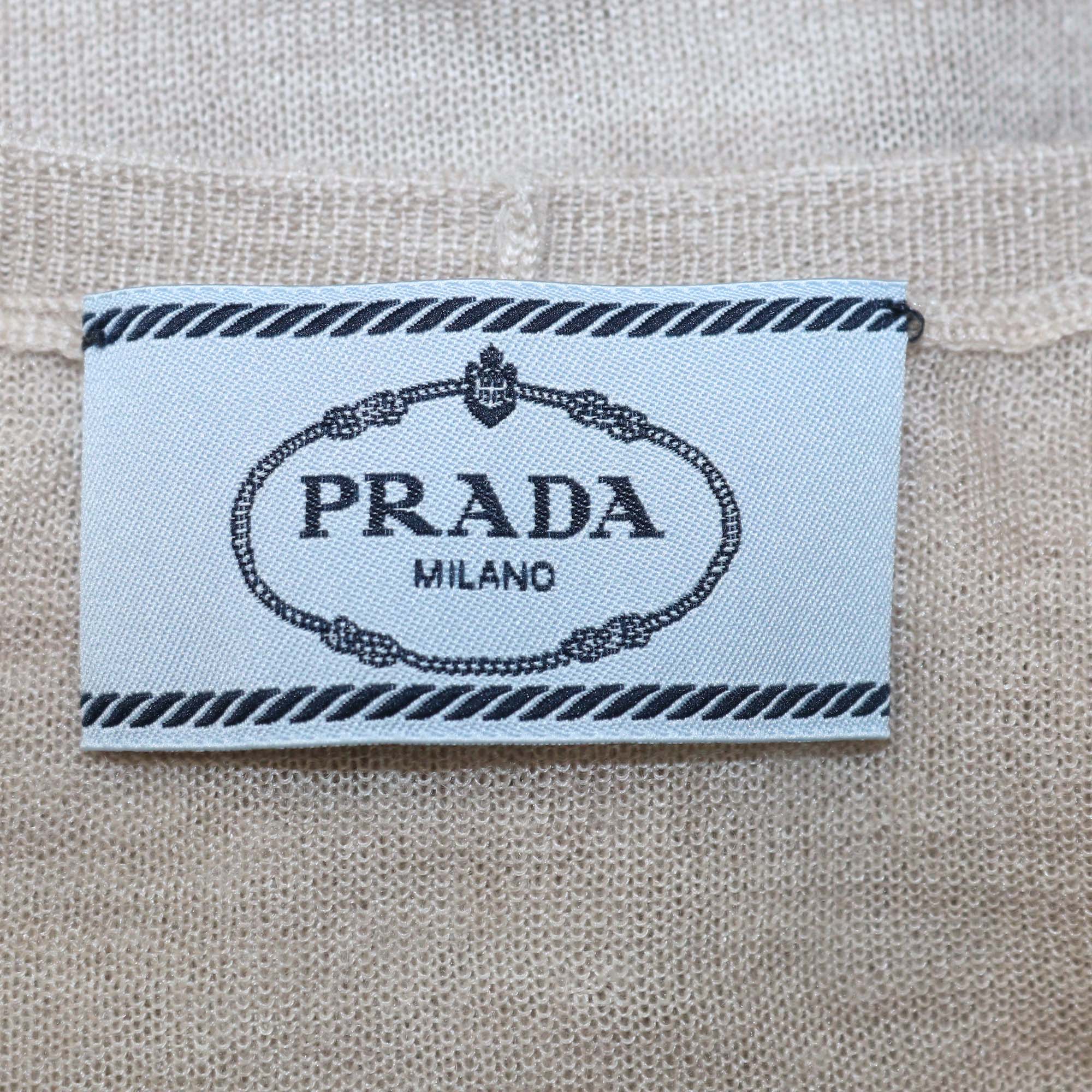 Prada Beige Wool Silk Blend Ribbed Knit Logo Embroidered Cardigan