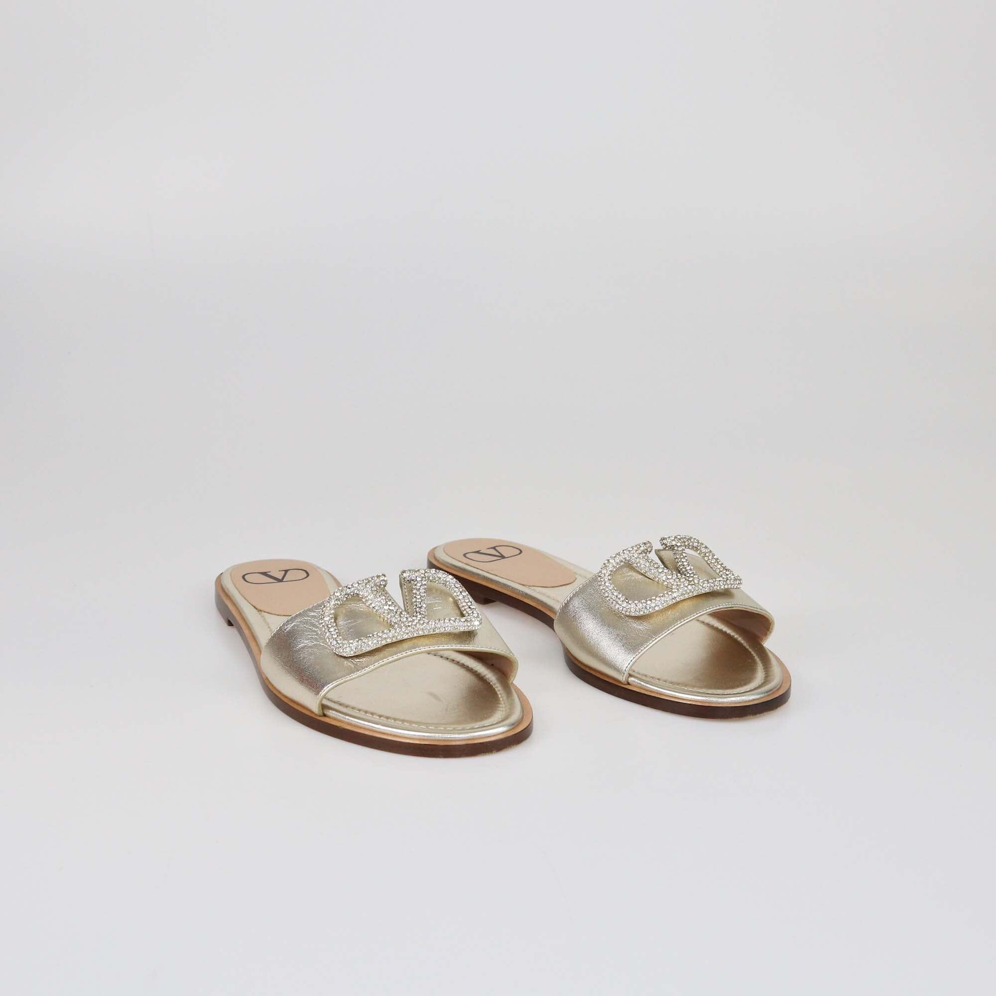 Valentino Light Gold VLogo Glow Signature Flat Slides Womens Valentino 