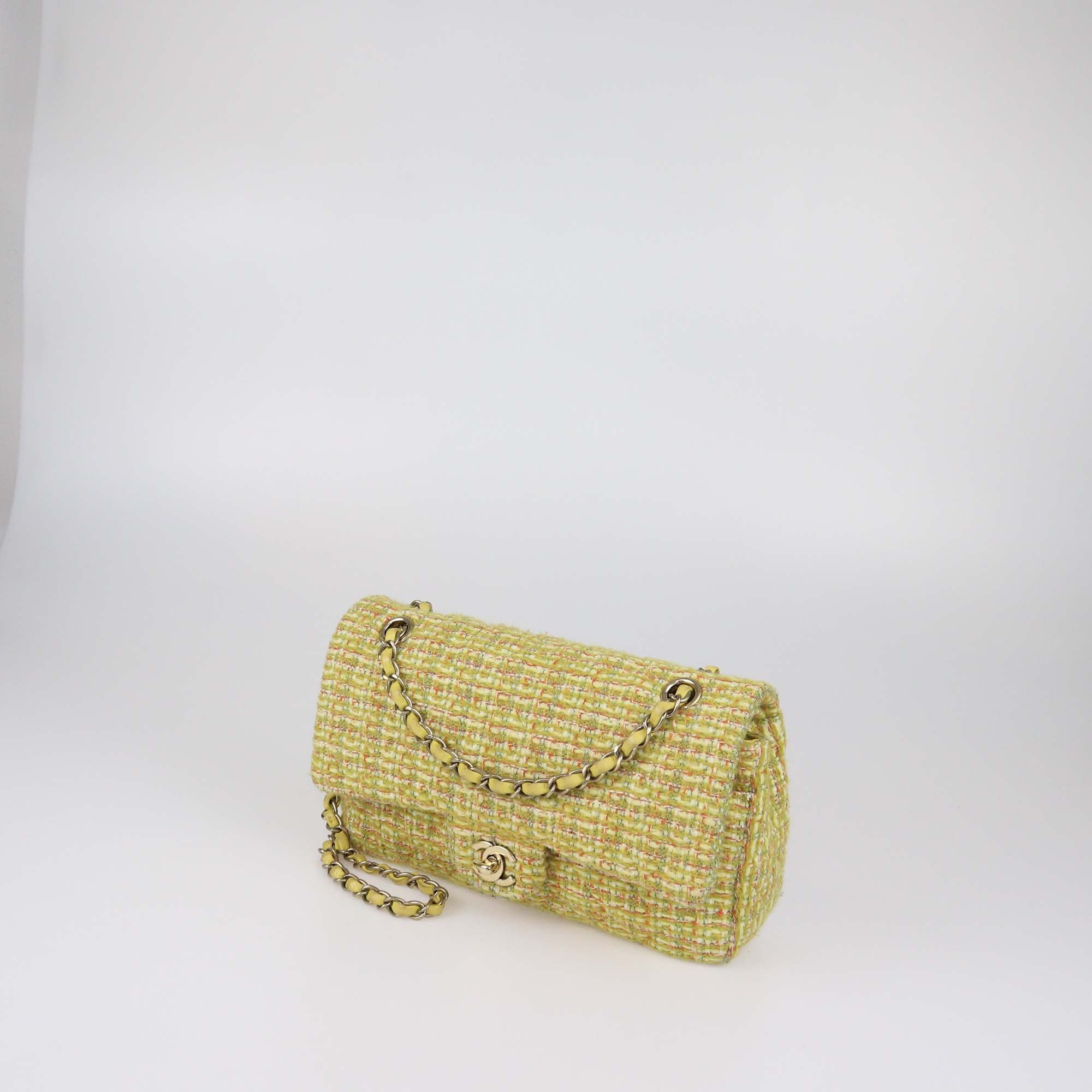 Chanel Yellow Quilted Tweed Medium Classic Double Flap Bag