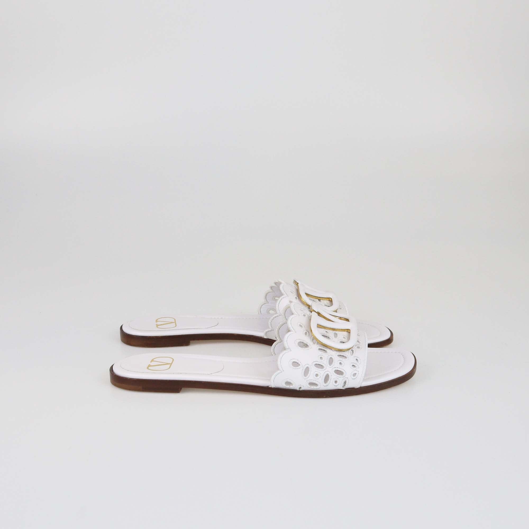 Valentino White V Logo Eyelet Slide Sandals Womens Valentino 