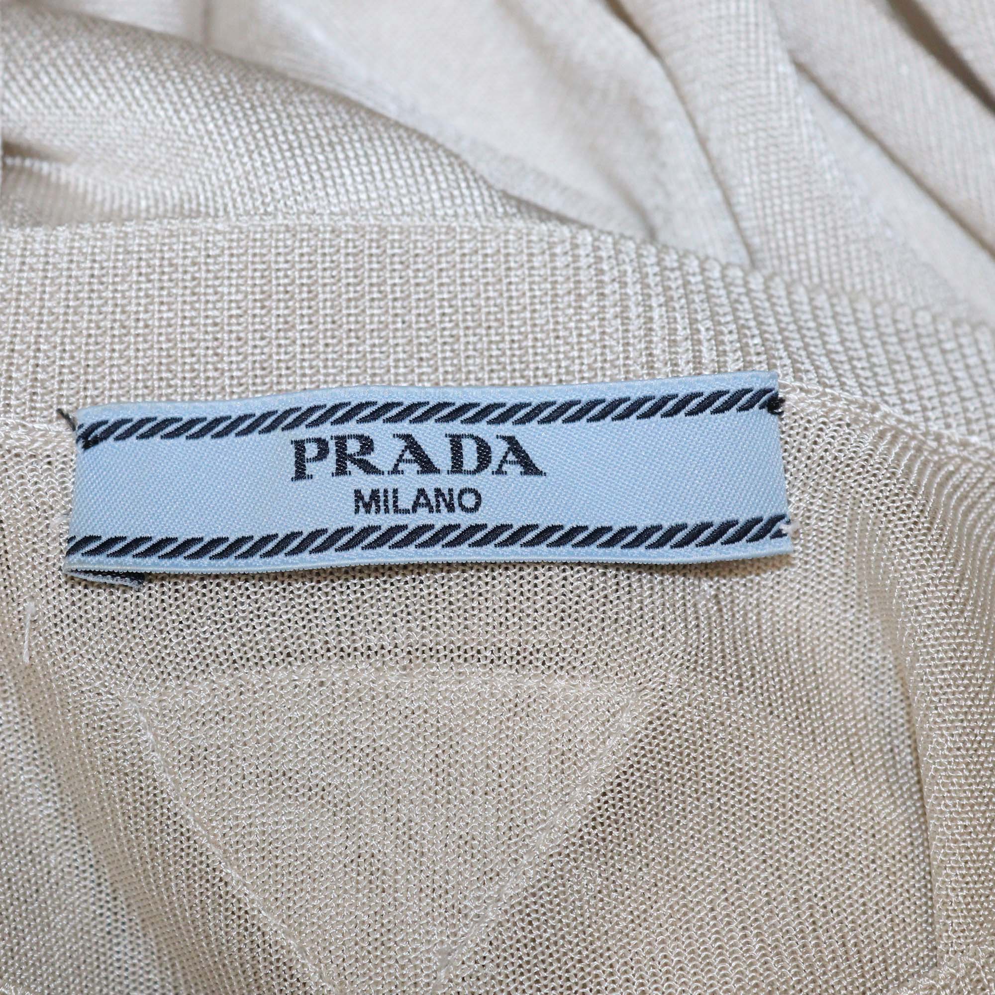 Prada Dark Cream Viscose Ribbed Knit Short Sleeve Top & Long Sleeve Cardigan Set