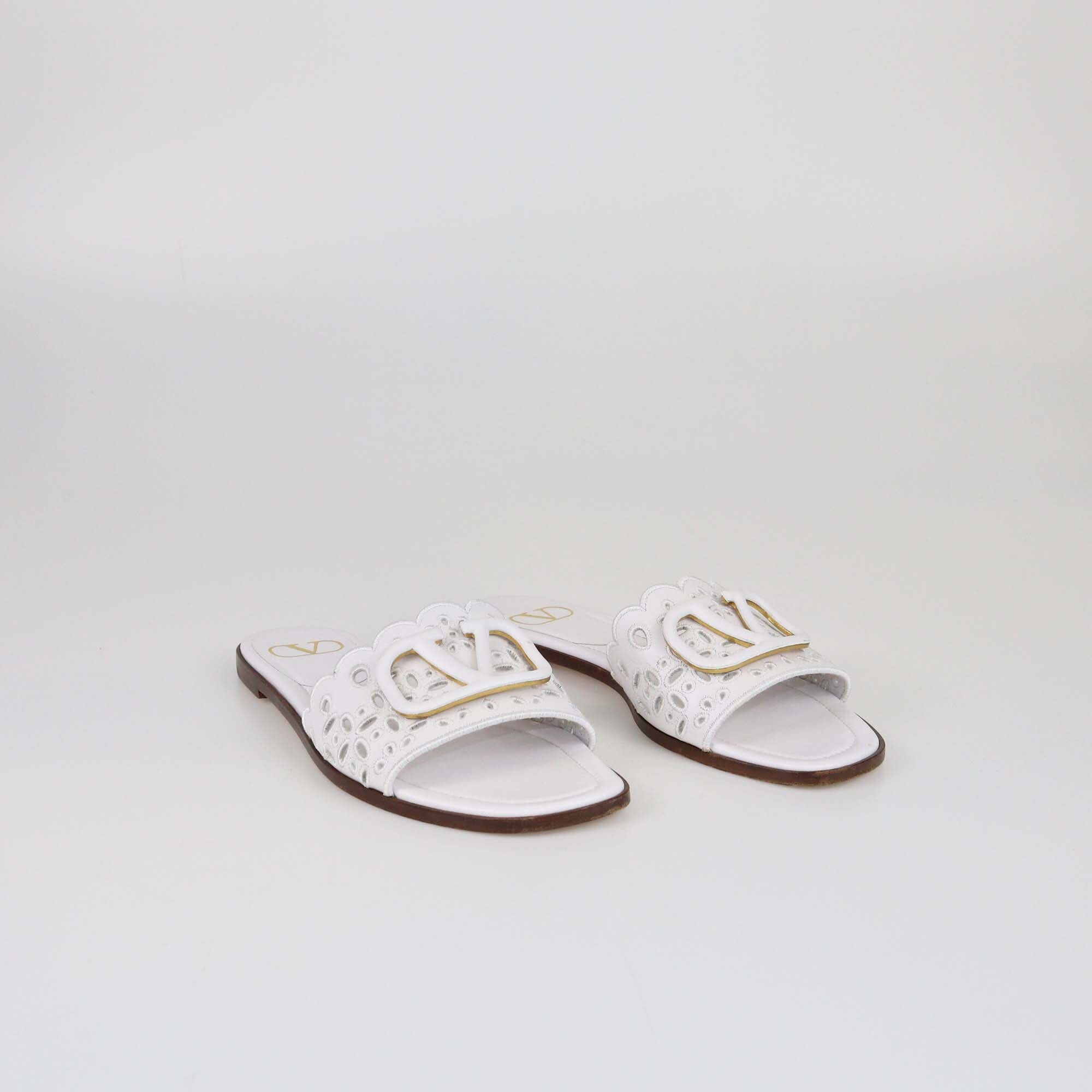 Valentino White V Logo Eyelet Slide Sandals Womens Valentino 