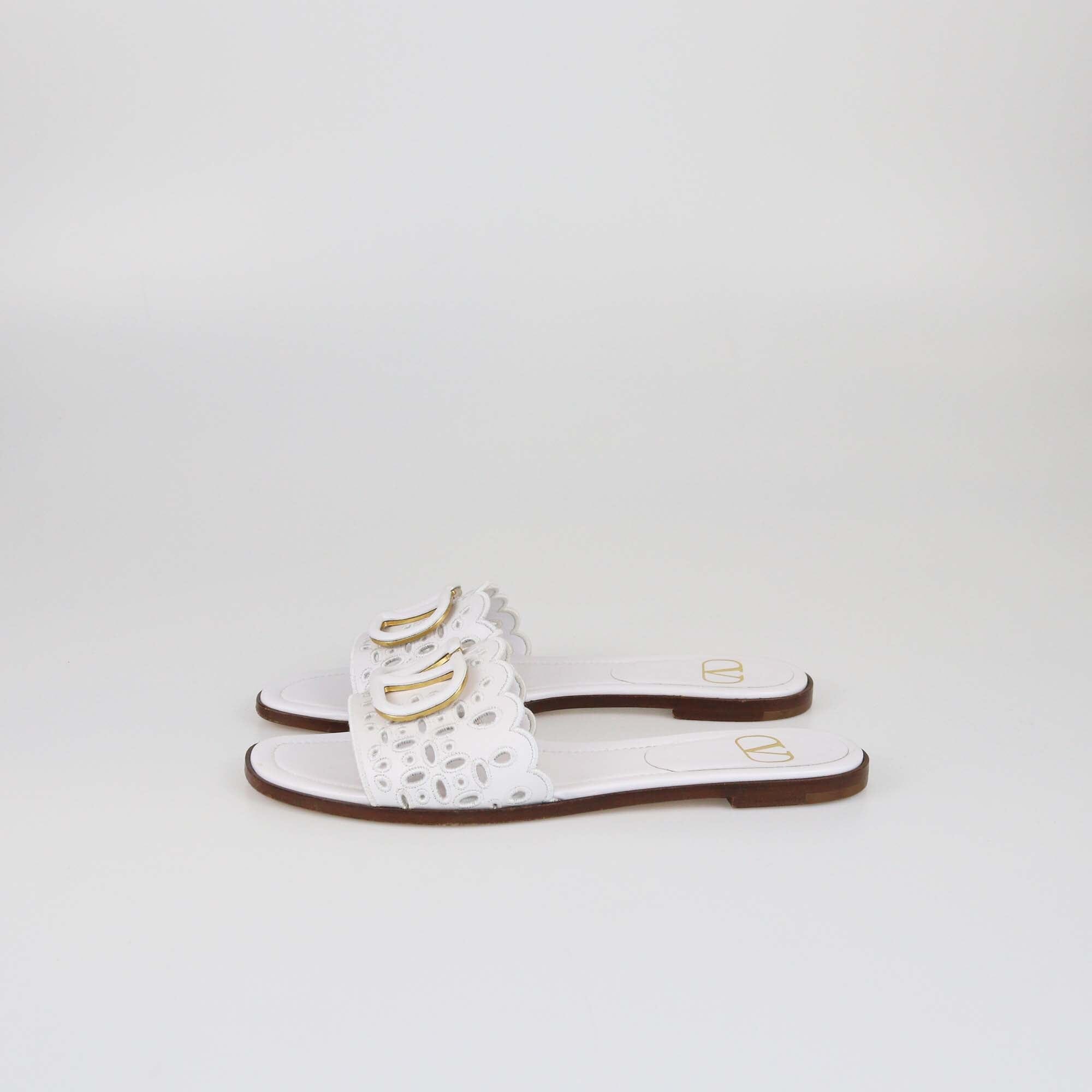 Valentino White V Logo Eyelet Slide Sandals Womens Valentino 