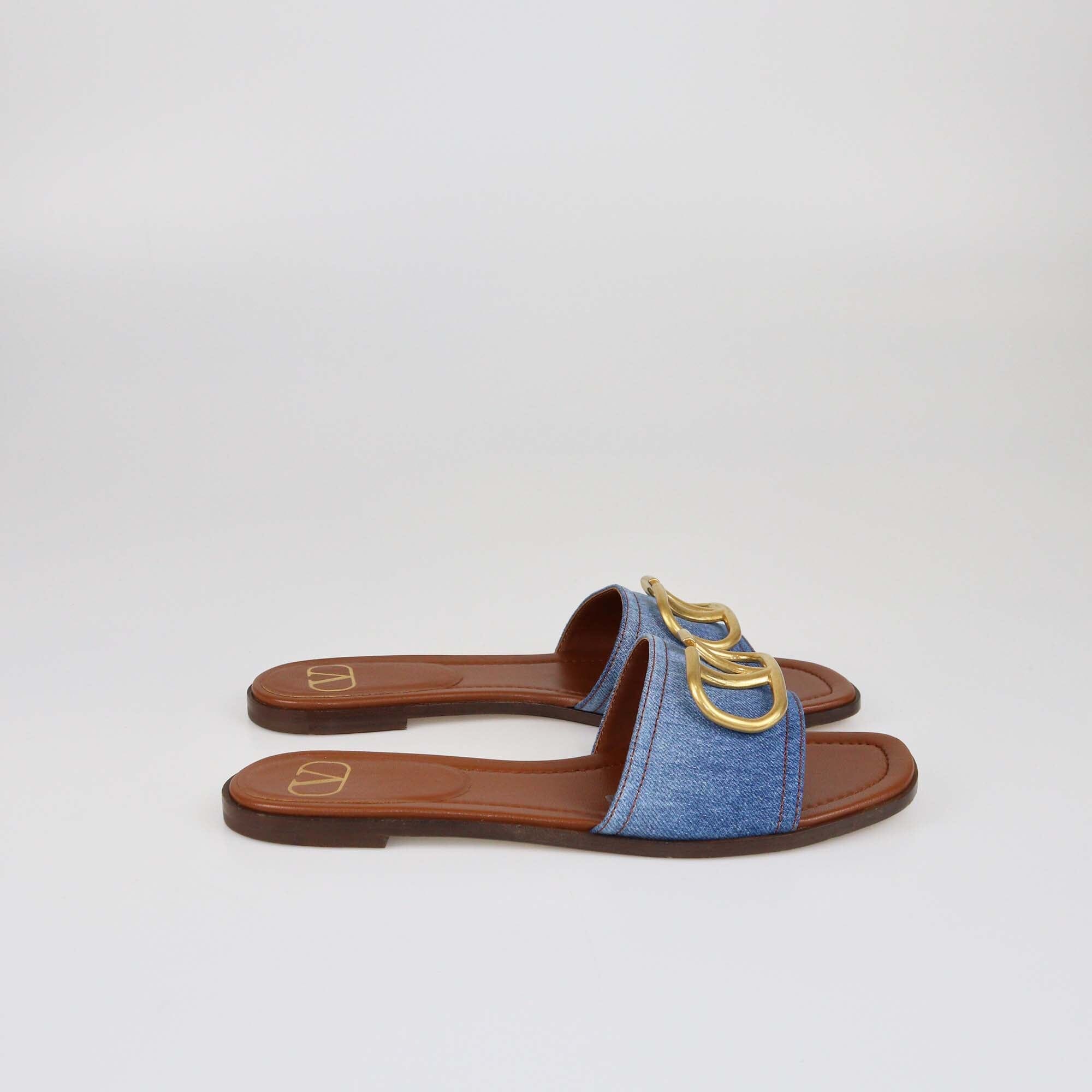 Valentino Blue/Brown Denim VLogo Signature Flat Slides Womens Valentino 